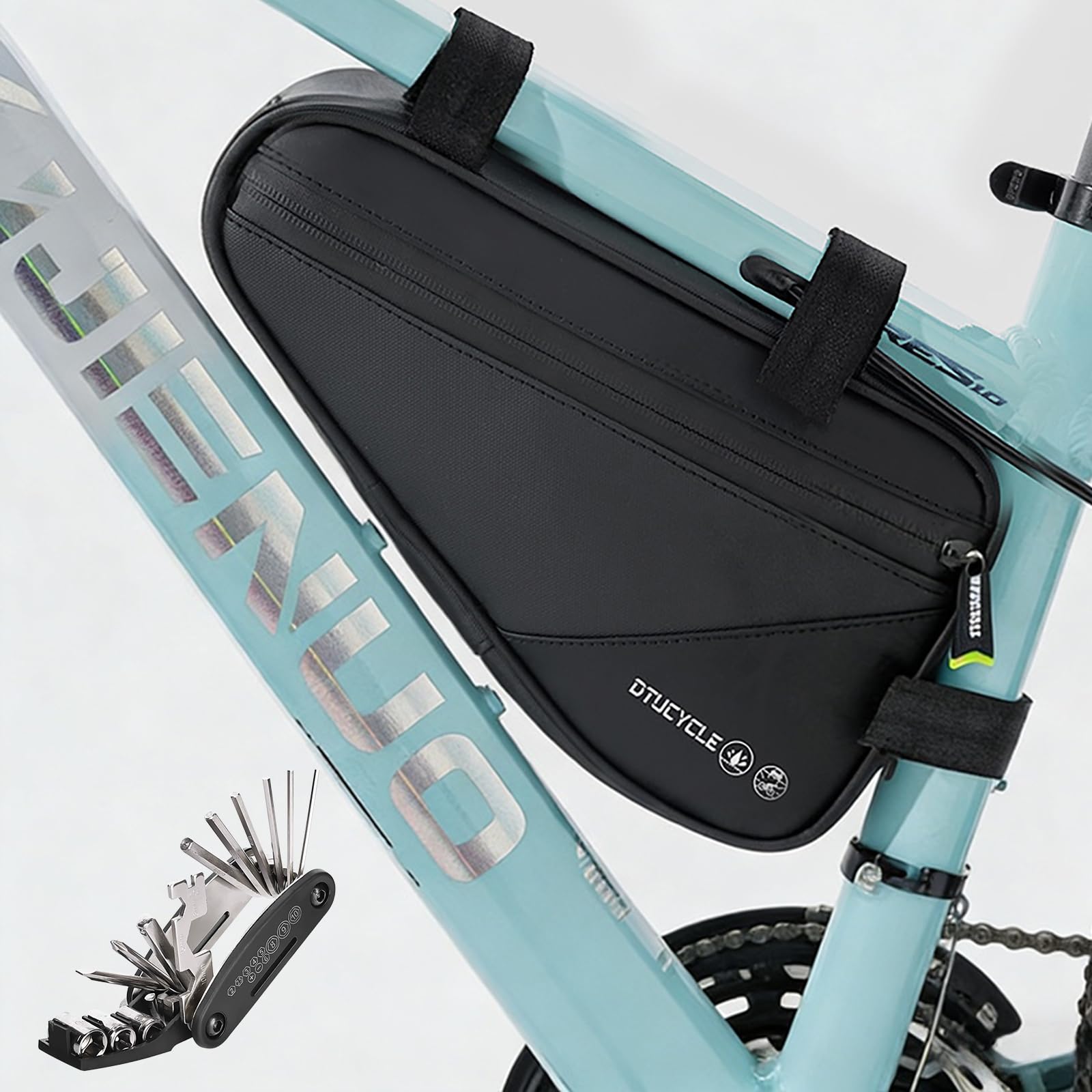 Sacoche Velo Cadre, 2L Triangulaire Sacoche De Cadre Velo Imperméable | avec Outil Multifonctions 16 en 1 pour Vélo De Ville, Vélo De Course, VTT, 2 Compartiments