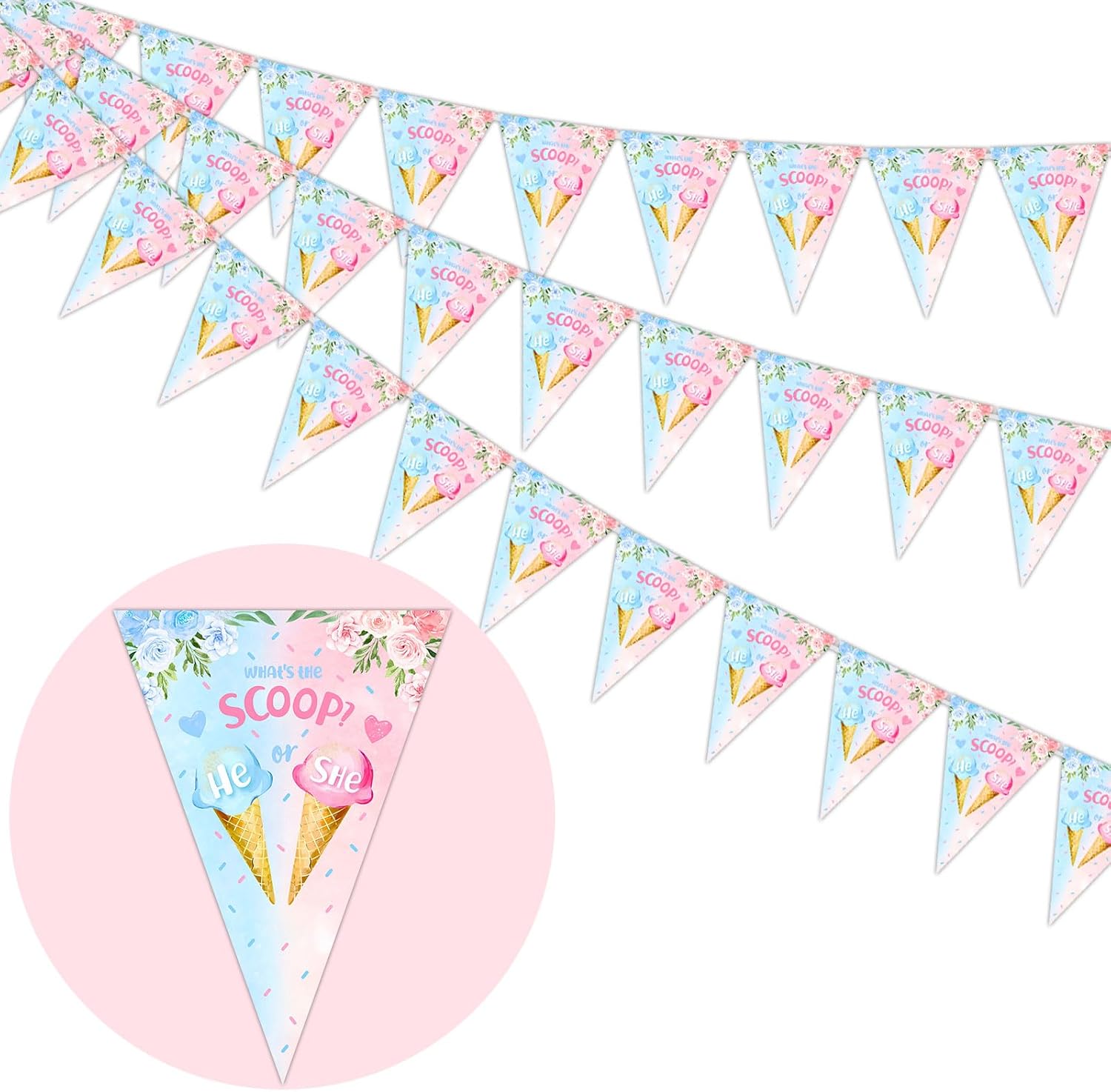 Jollyboom 3Pcs Ice Cream Gender Reveal Decoration, What’s the scoop Gender Reveal Pennant Banner Triangle Pennant Flag Banner for Summer Ice Cream Theme Baby Shower Gender Reveal Party
