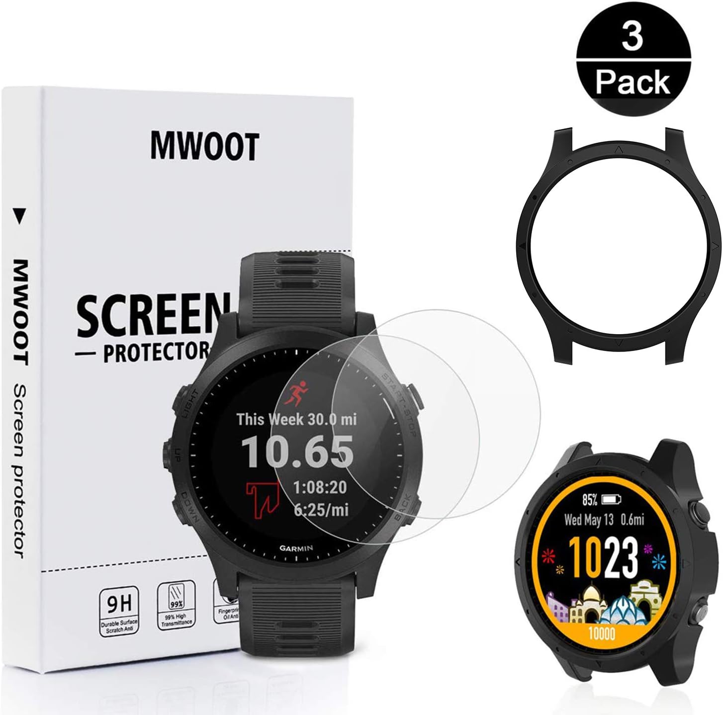 MWOOT 2PCS Tempered Glass Screen Protector und Black Case Cover Compatible with Garmin Forerunner 945, Protective Accessories for Garmin Forerunner Smartwatch Protection