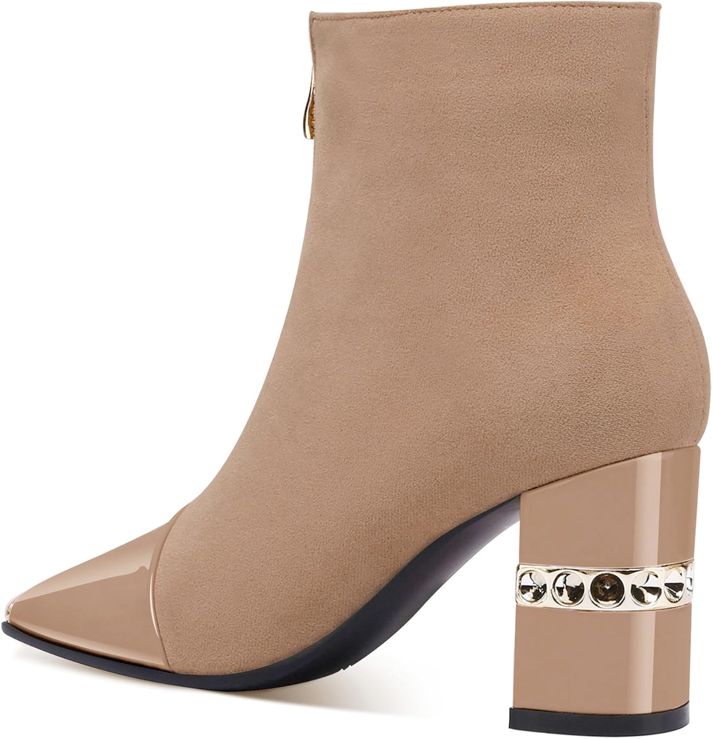 XINIUNIU Women's Ankle Boots Block Chunky Heels Booties Metal Square Toe Suede Front Zipper 3 Inch Short Boot Dress - Image 4