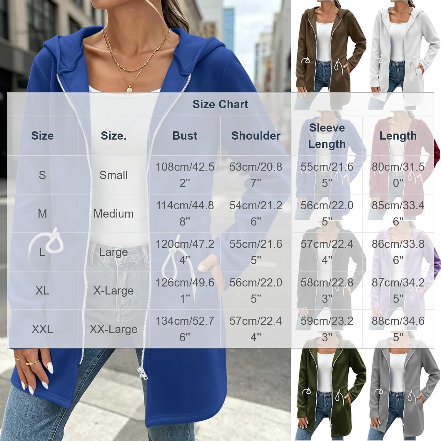 Womens Long Zip Up Hoodie Fleece Jacket with Waist Drawstring | Matching Set Ready Design, Soft Stretch Fabric, Sporty Cropped Hoodie, Ideal for Workout, Travel and Lounging