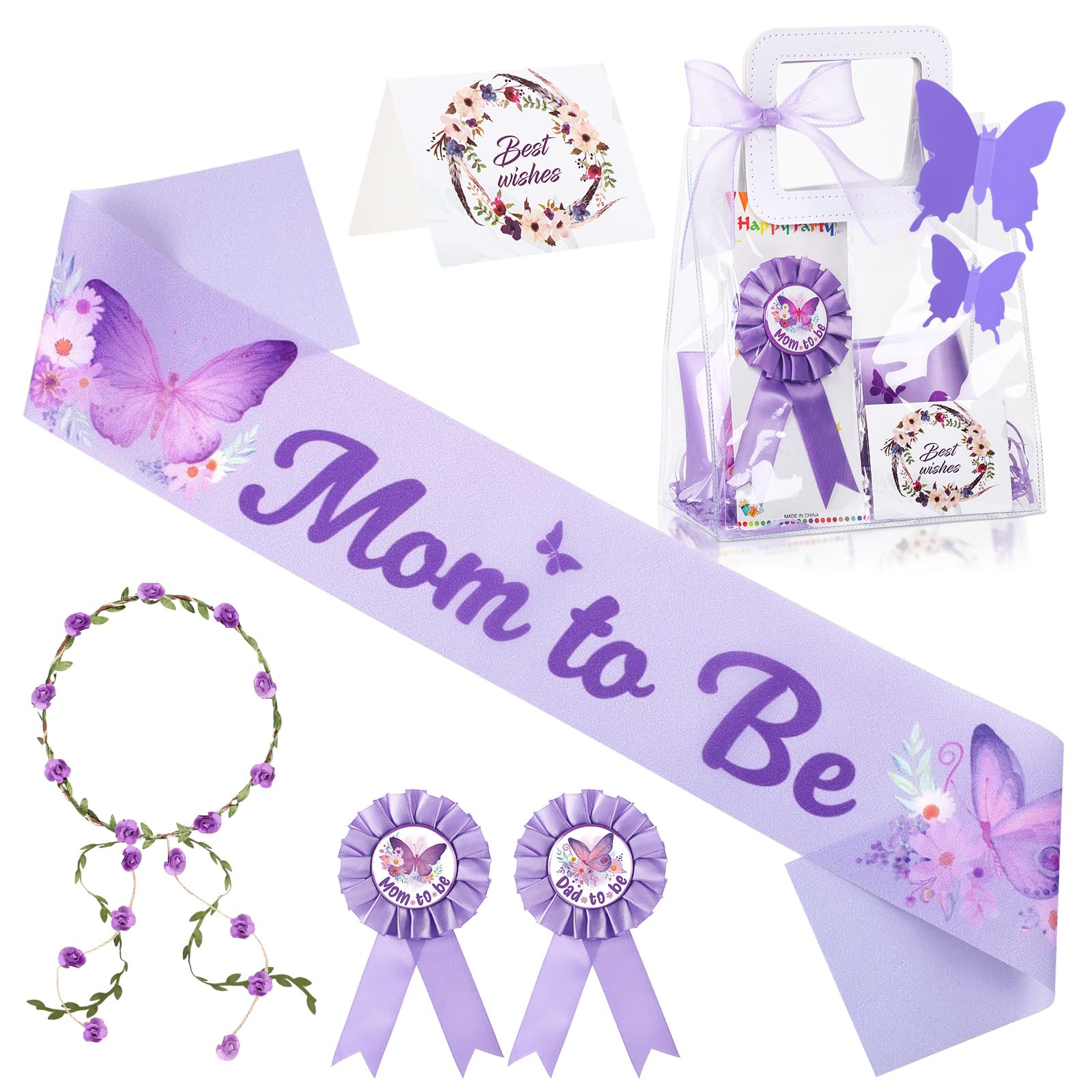 Giegxin 7 Pcs Butterfly Dad and Mom to Be Gift Set-Butterfly Baby Shower Maternity Sash Kit New Mom Dad Pins Gender Reveal Headband Gift Card Clear