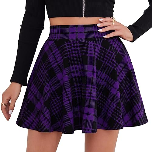 DJT Women's Basic Versatile Casual Stretchy Flared Pleated Mini Skater Skirt with Shorts - XX-Large - Purple Plaid