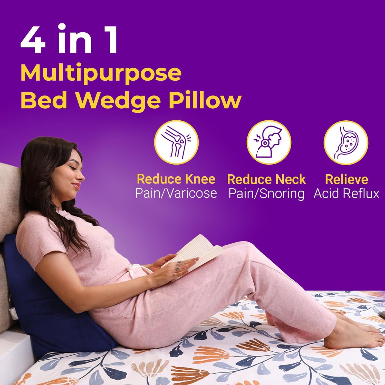 SAINI_MEDICOS Coussin cale orthopédique en mousse à mémoire de forme pour soutien du dos, repos, apnée du sommeil, élévation des jambes, grossesse, reflux acide, anti-ronflement (bleu velours, 43,2 x