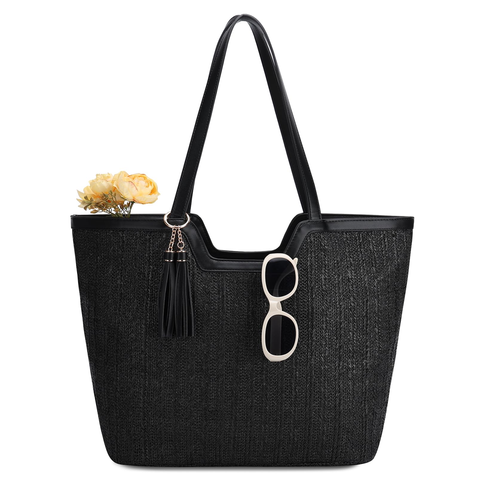 VASCHY Sac Cabas Femme Plage Paille, Grand Sac à Main Fourre Tout d'Été Tissé Boho Recyclable Léger avec Fermeture Éclair pour Voyage Vacances