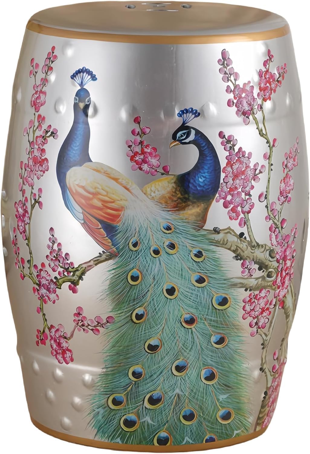 Glazed Peacock Ceramic Garden Stool - Decorative Drum Stool for Living Room, Patio, Garden, Balcony - Stylish Silver Accent Piece Yellow