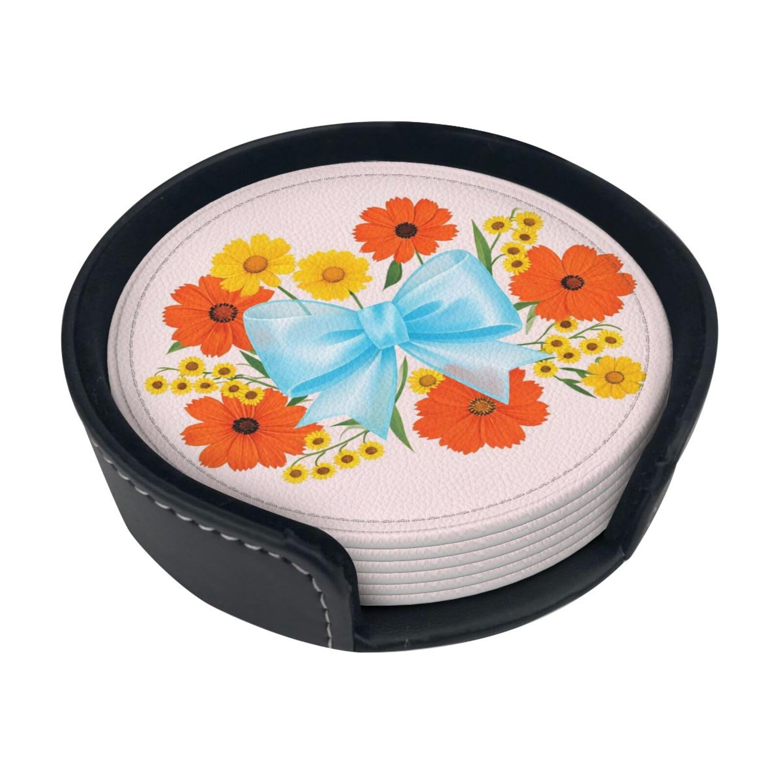 Flower Bow Leather Coasters-Set of 6 with Storage Holder