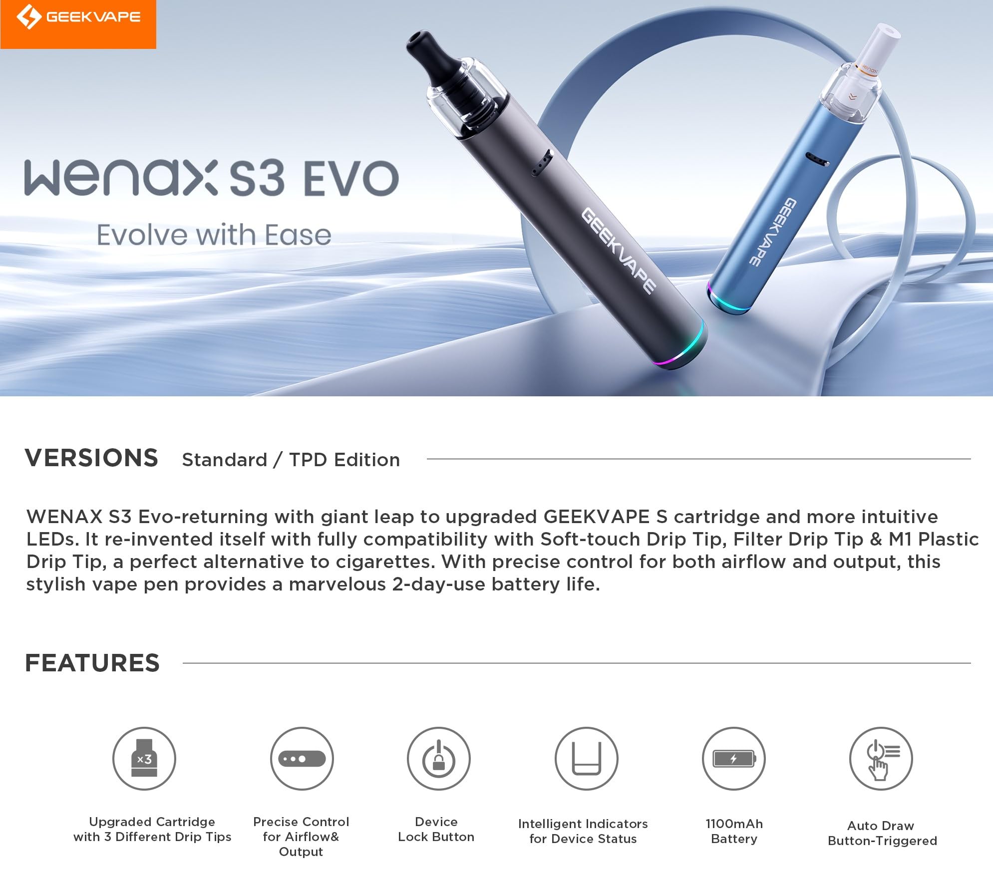 WENAX S3 EVO | GEEKVAPE Wenax S3 (Stylus 3) Pod Kit 18W 1100mAh Batteria |  2ml S Cartuccia 0.8ohm Vaporizzatore - No nicotine, No e-liquid (Viola-) :  Amazon.it: Elettronica