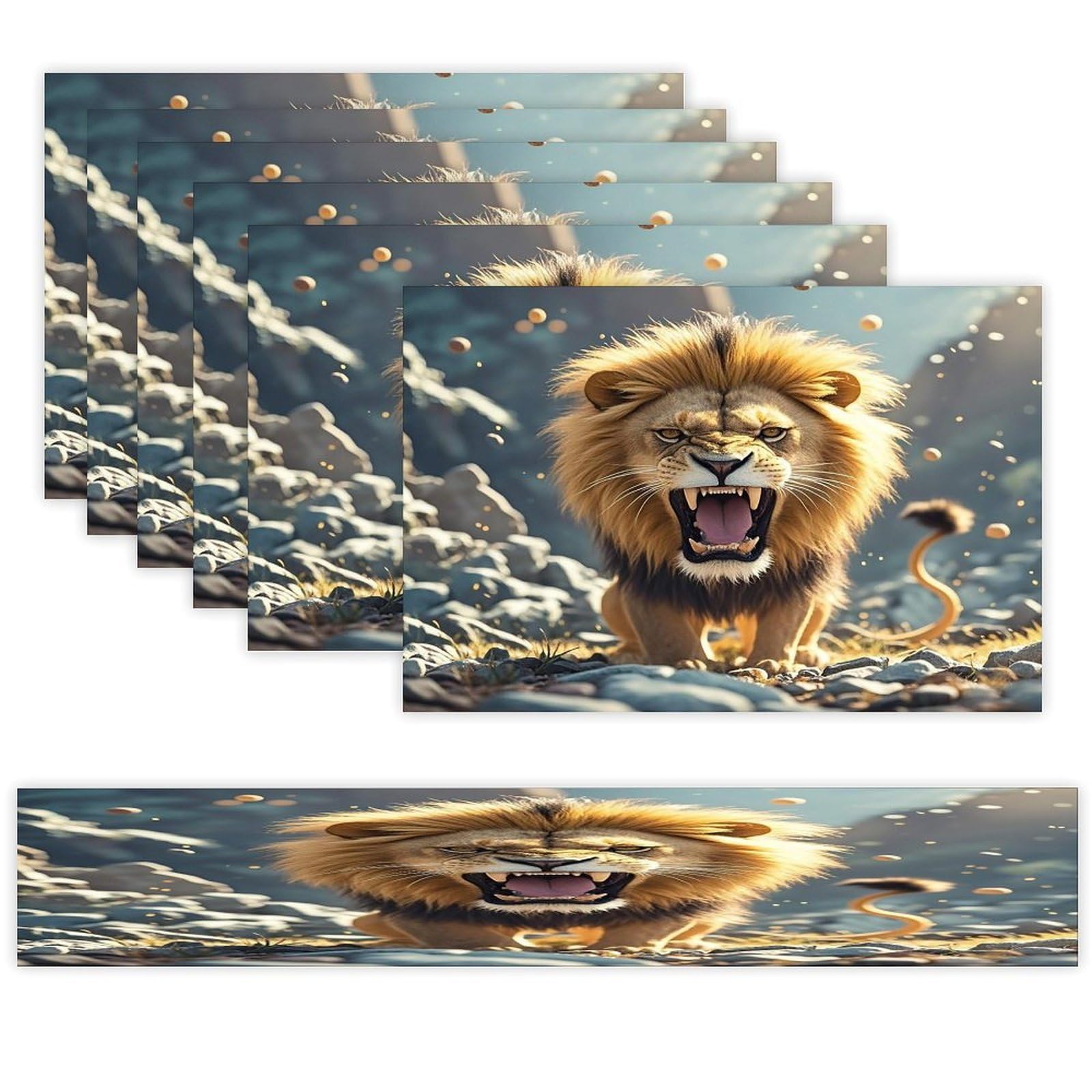 Angry Roaring Lion Placemats Set of 6 and Table Runner for Holiday Party Kitchen Dining Table Decor Farmhouse Style Washable Table Mat Set Heat Resistant Linen Place Mat Sets