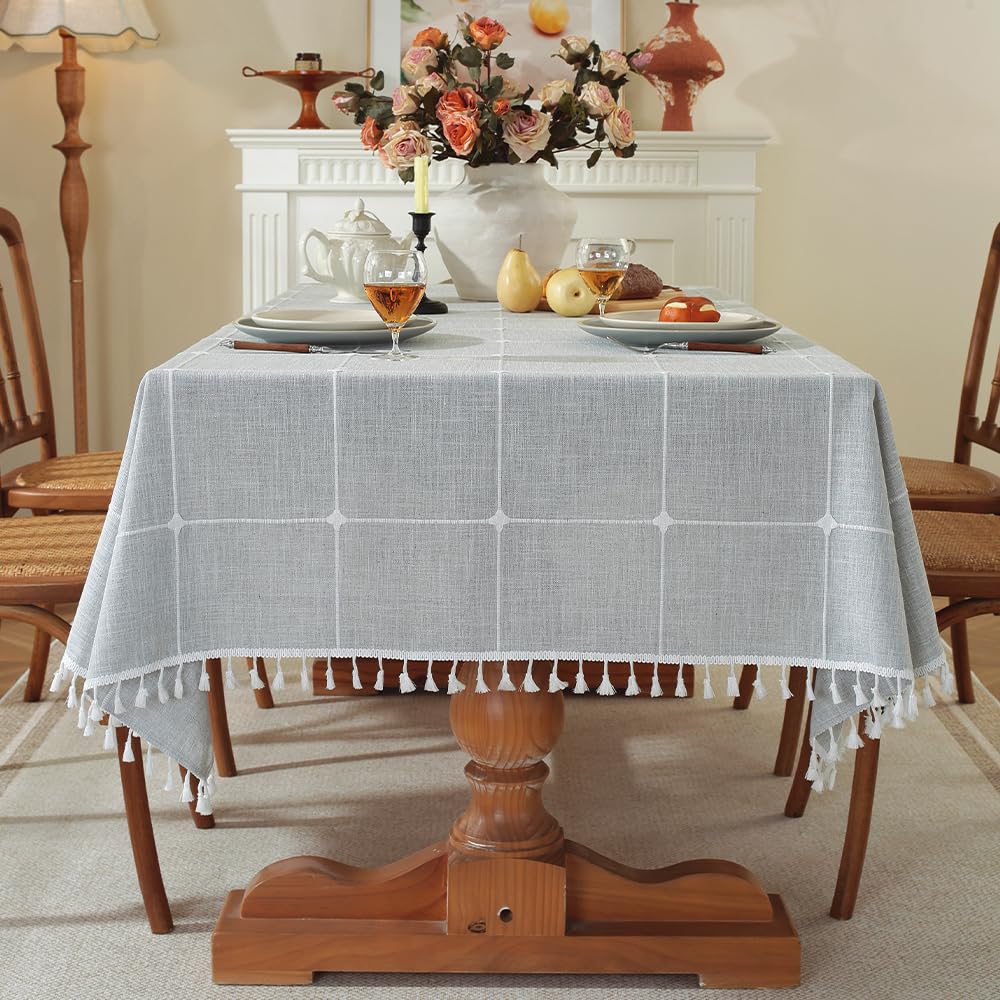 Pahajim Tischdecke Abwaschbar Baumwolle Leinen Tischdecken Klein mit Quasten Tischtuch Vintage Einfache Kariert für Home Küche Speisetisch Dekoration(Grau Gitter, 100 x 160 cm)