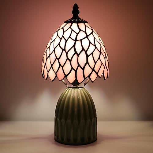 Miniatura 6 de Tiffany Lamp Stained Glass Mushroom Table Lamps 6X6X12.5 Inch Pink Leaf Style Small Night Light Ceramic Base Mini Accent Desk Light Suitable for