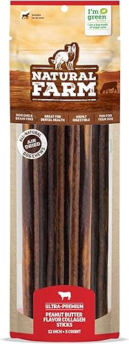 Natural Farm Palitos de colágeno con sabor a mantequilla de maní para perros (12 pulgadas, paquete de 5), palitos de colágeno de carne de res de