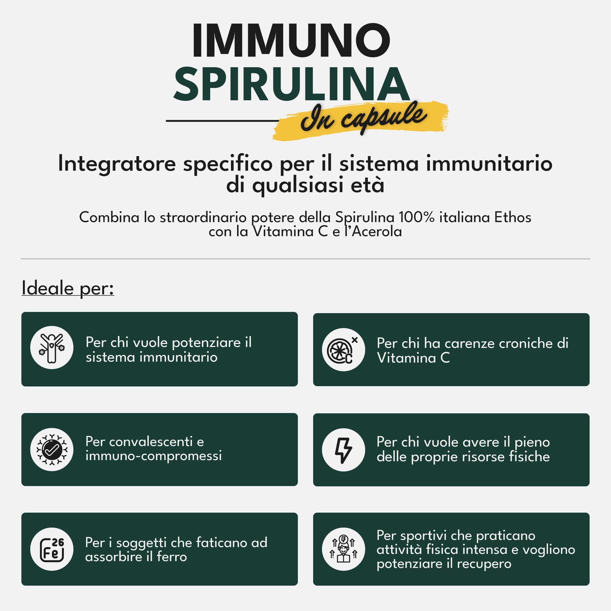 ETHOS Immuno Spirulina in Capsule - Integratore Difese immunitarie con Vitamina C e Acerola, Alga Spirulina Prodotta e Confezionata in Italia, Superfood Naturale, 100 Capsule da 750mg