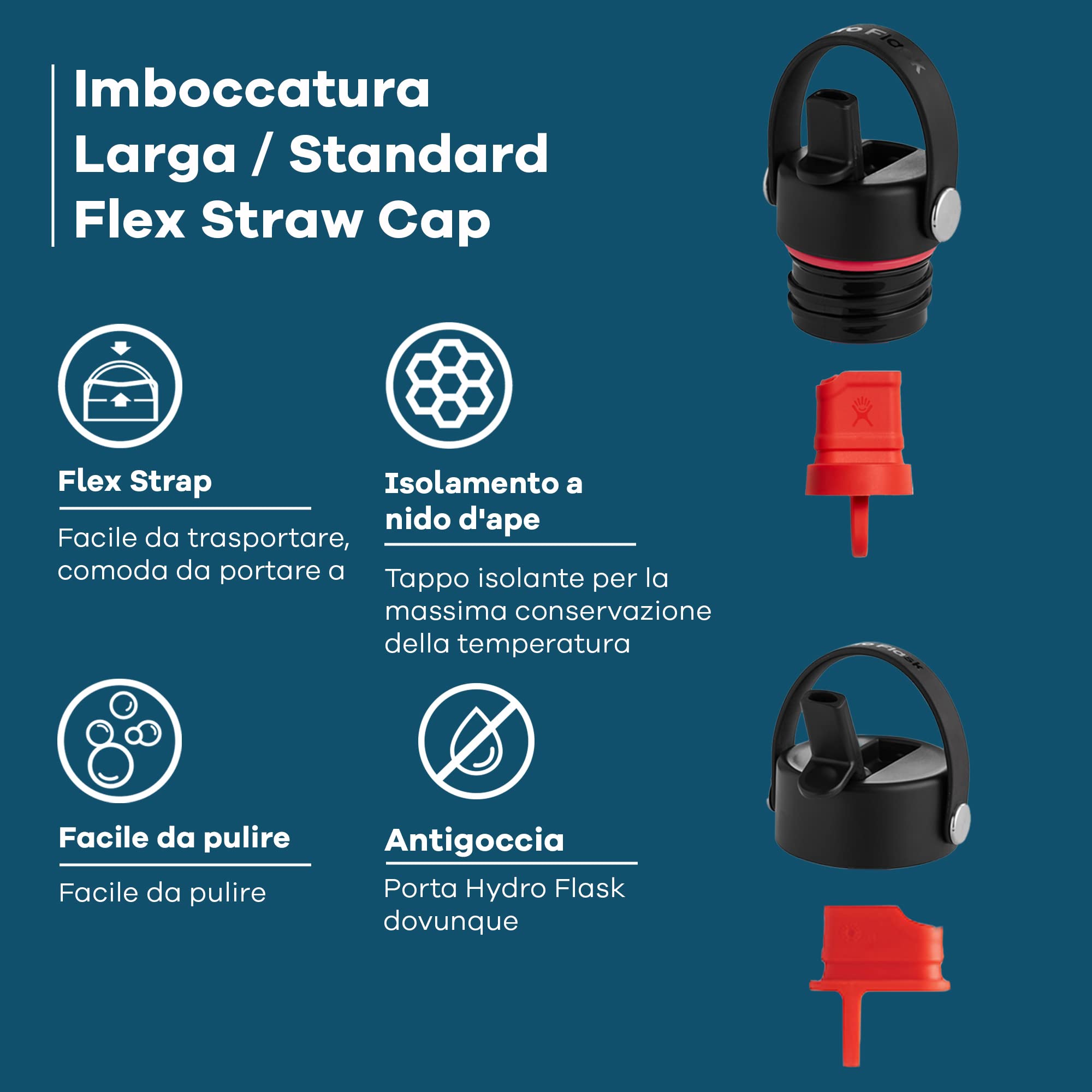 Hydro Flask - Coperchio con cannuccia Flex Straw Cap per wide mouth - Coperchio ermetico a nido d'ape con strap per un facile trasporto - Lavabile in lavastoviglie - Black
