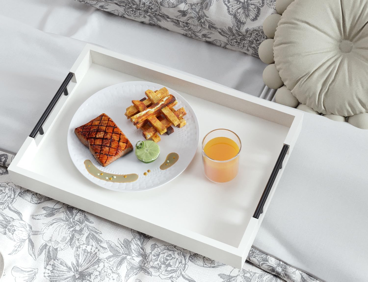 Fibogollo Bamboo Serving Tray with Metal Handles,17x12in Ottoman Decorative Trays Platter for Coffee Table,Living Room,Bar,Party,Large(White) White-Large