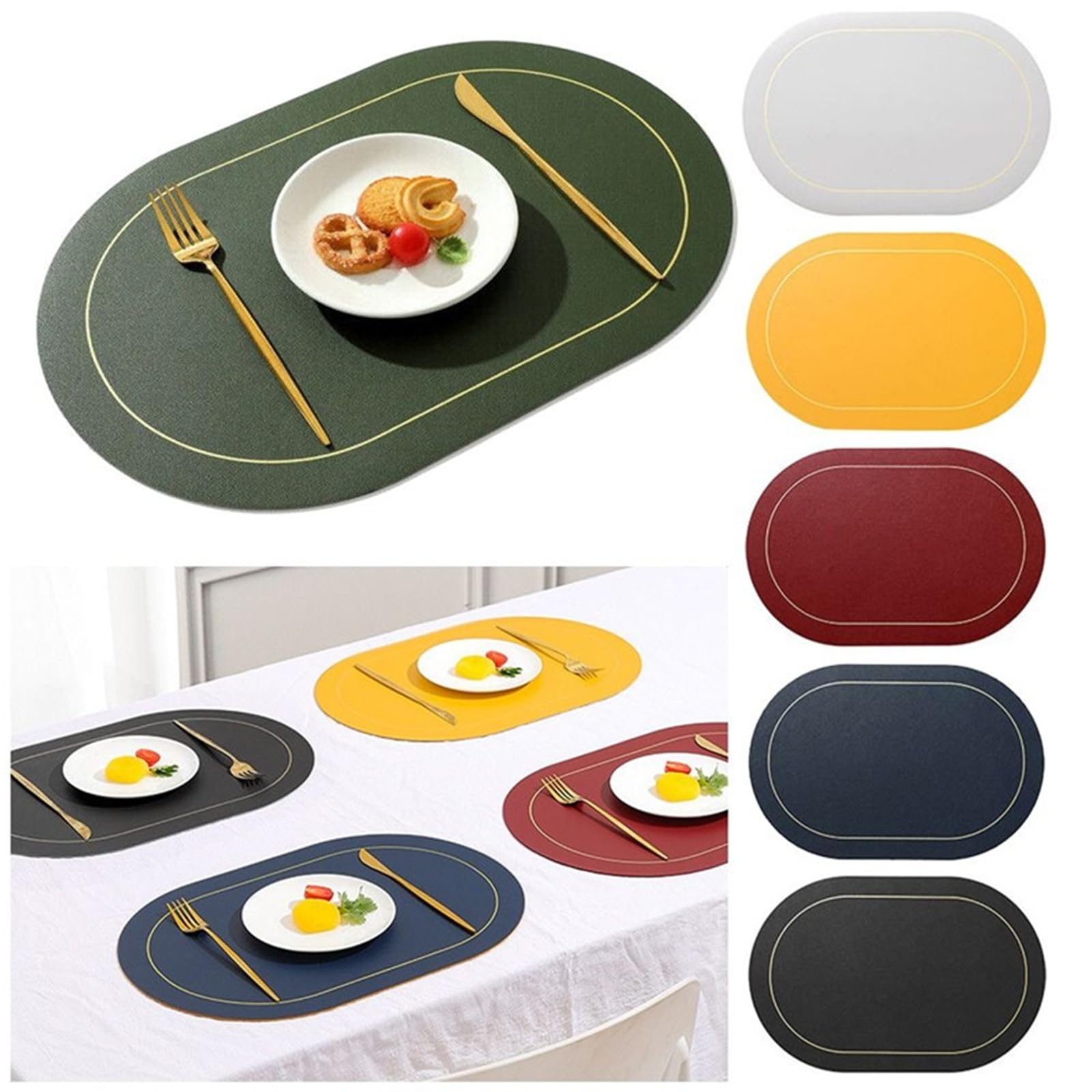 Manteles Individuales Juego de manteles Individuales 1/4/6 Piezas, Cuero sintético Impermeables y Lavables, Resistentes al Calor Antideslizantes for Cocina(Green,6PCS 45x30CM)