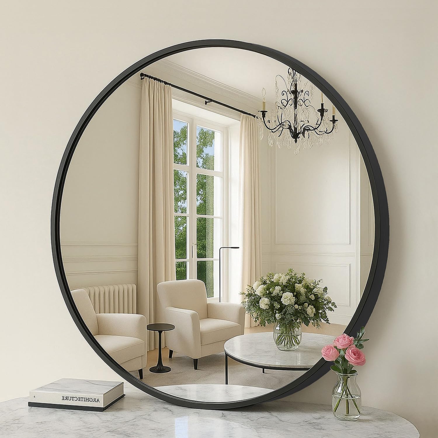 SONGMICS Bathroom Round Mirror for Wall, 20 Inches Black Circle Mirror，Metal Frame,for Bathroom Over Sink, Living Room, Bedroom, Entryway, Hallway, Ink Black ULWM101B01