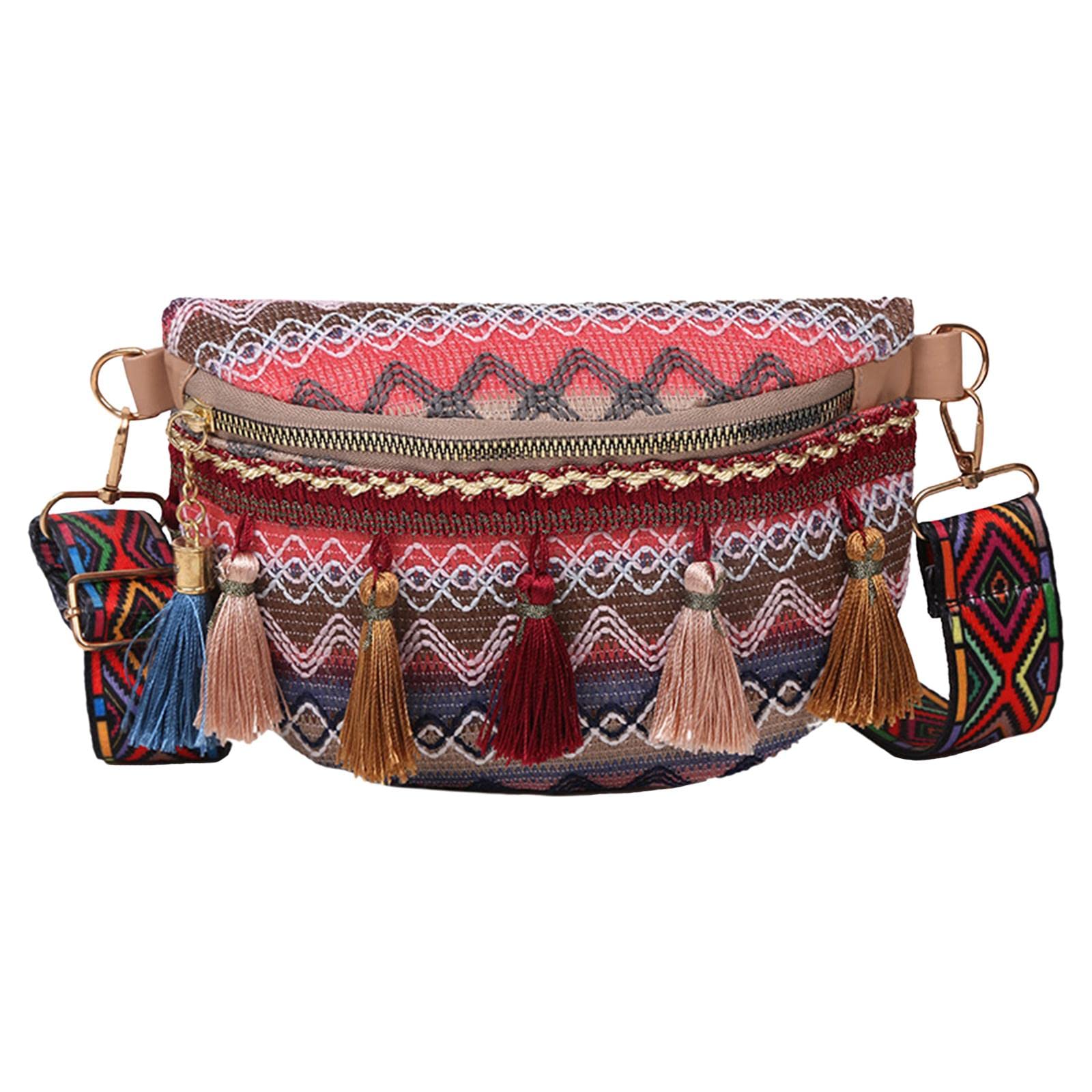 NIVAA Bohemian Fanny Pack Bag Fashionable with Tassels Chest Bag for Running Pink-image-13