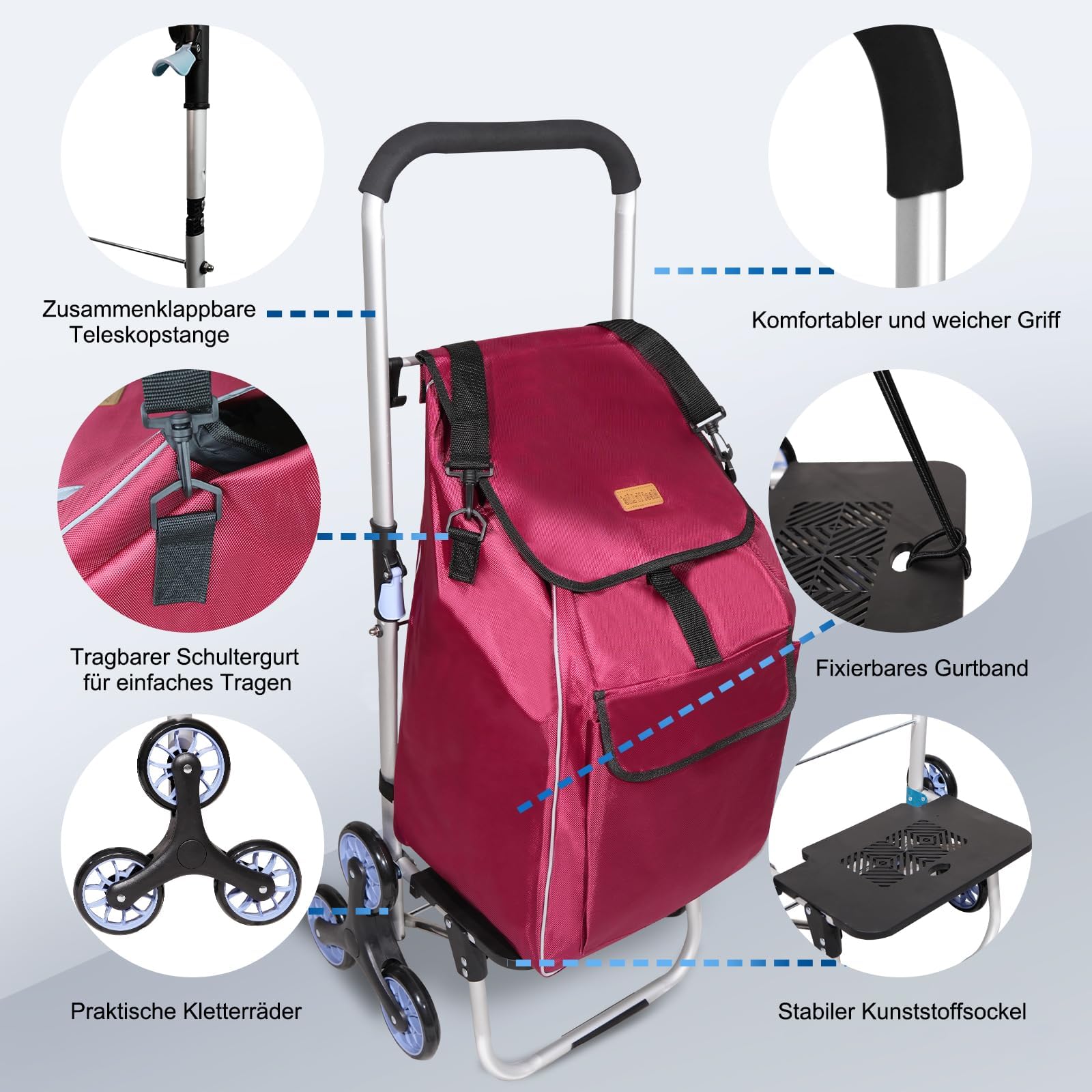 ABIUBIU Trolley per la spesa, pieghevole, borsa per la spesa con ruote, borsa rimovibile, carrello per la spesa per scale (bordeaux01, XXL)
