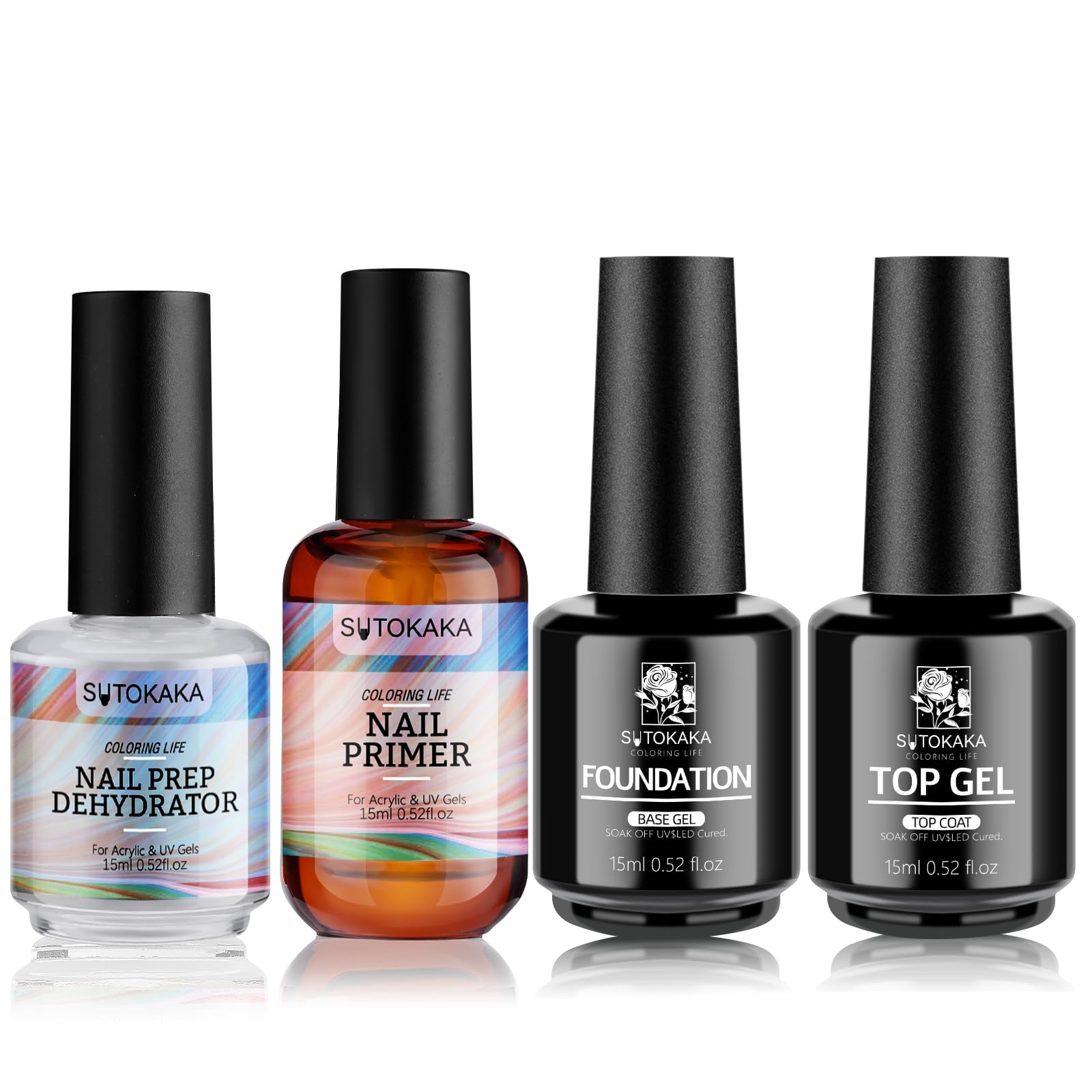SUTOKAKA 4Pcs 15ml No Wipe Top and Base Coat Set with Nail Dehydrator and Primer X-Strength for Gel Polish Long Lasting Nail Bonding Strengthening Kit