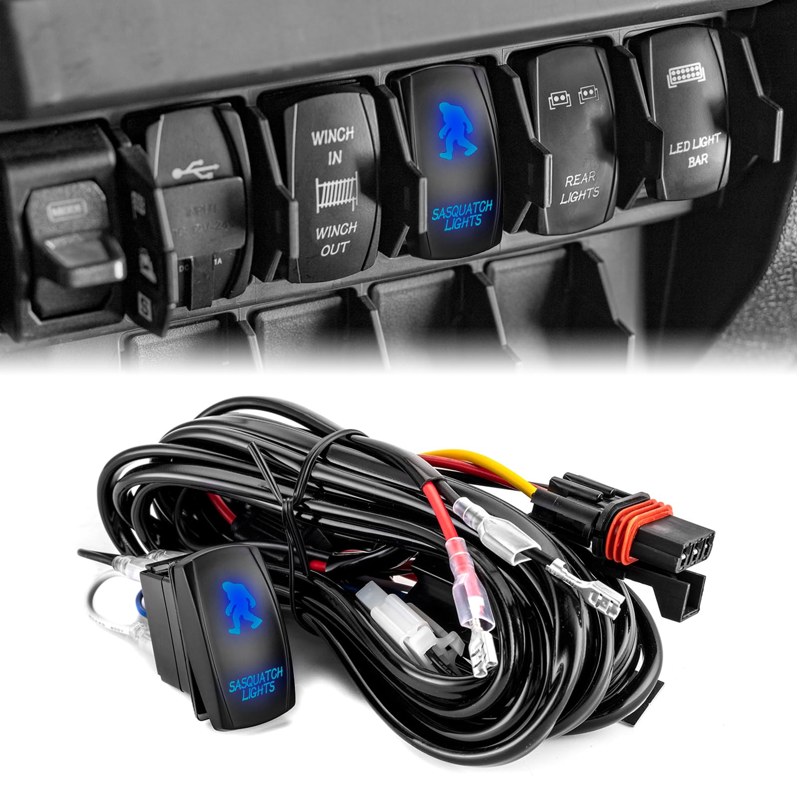WeiSen 180W Plug & Play Sasquatch Lights Wiring Harness Kit with Pulse Power Bar Plug Connector Relay Fuse, 16AWG 2 Lead 12V Rocker Switch for Light
