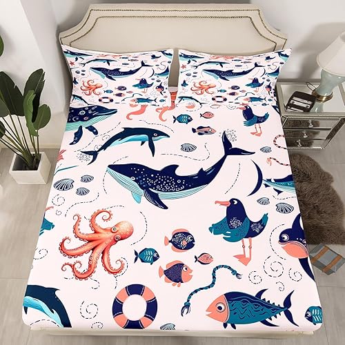 Miniatura 2 de Juego de sábanas de animales costeros para niños y niñas, juego de sábanas de ballena de dibujos animados, sábanas tamaño King, lindos tiburones,