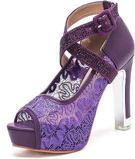 getmorebeauty Women's Lace Block High Heels Sandals Rhinestone Crisscross Ankle Strap Open Toe Platform Wedding Dressy Shoes