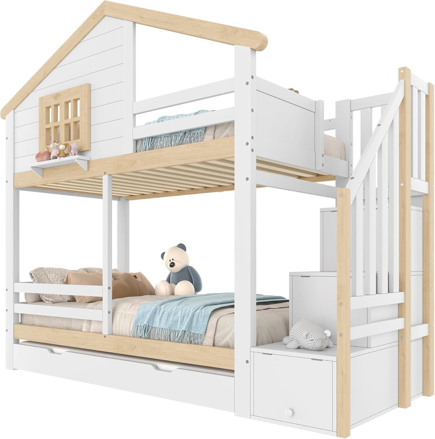Azkoeesy Bunk Bed with the pull-out bed extended and storage compartments in the stairs open, showcasing its multi-functional design.