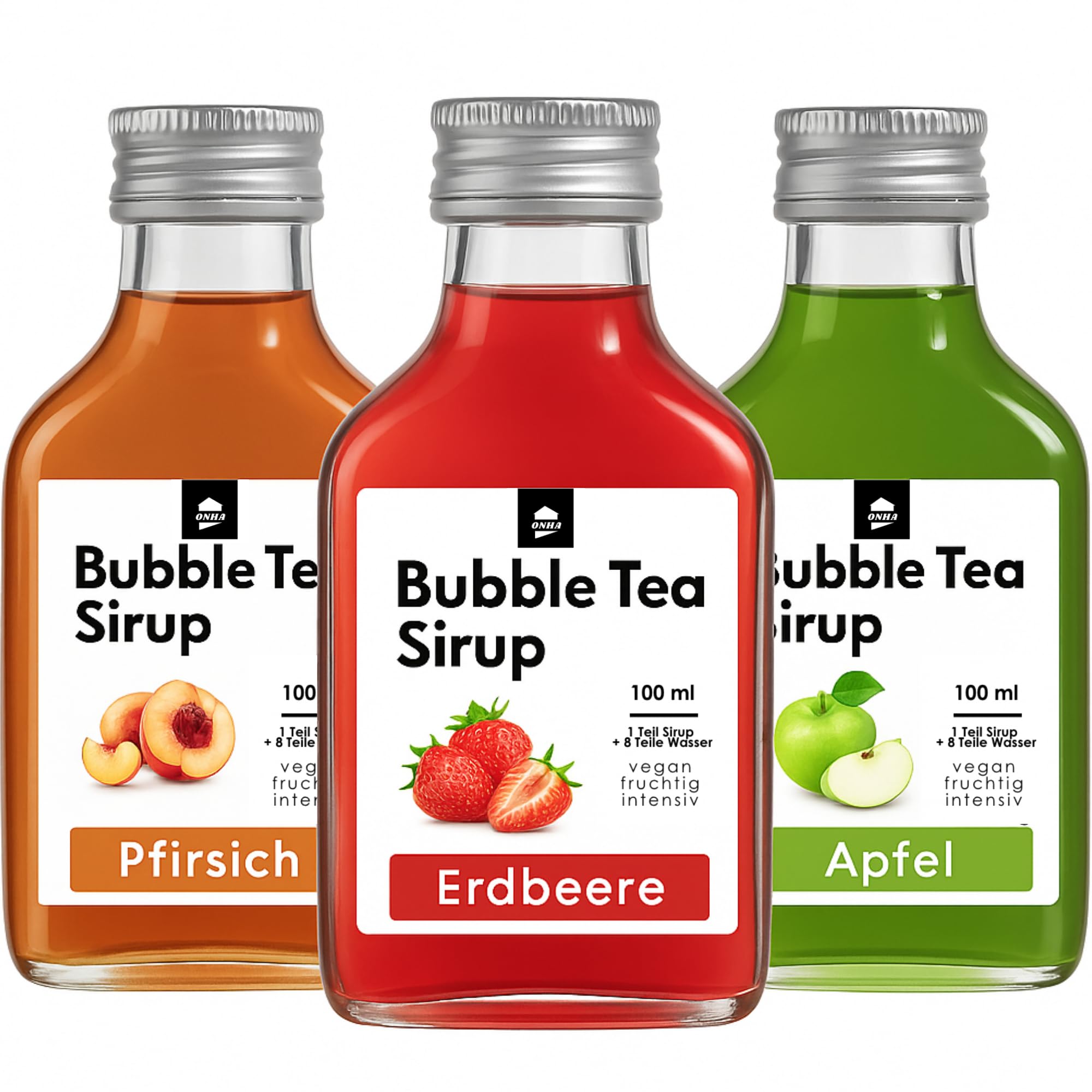 ONHA Bubble Tea Sirup - 3er Set - fruchtig intensiver Geschmack - Kirsche Himbeere Wassermelone Getränke Syrup