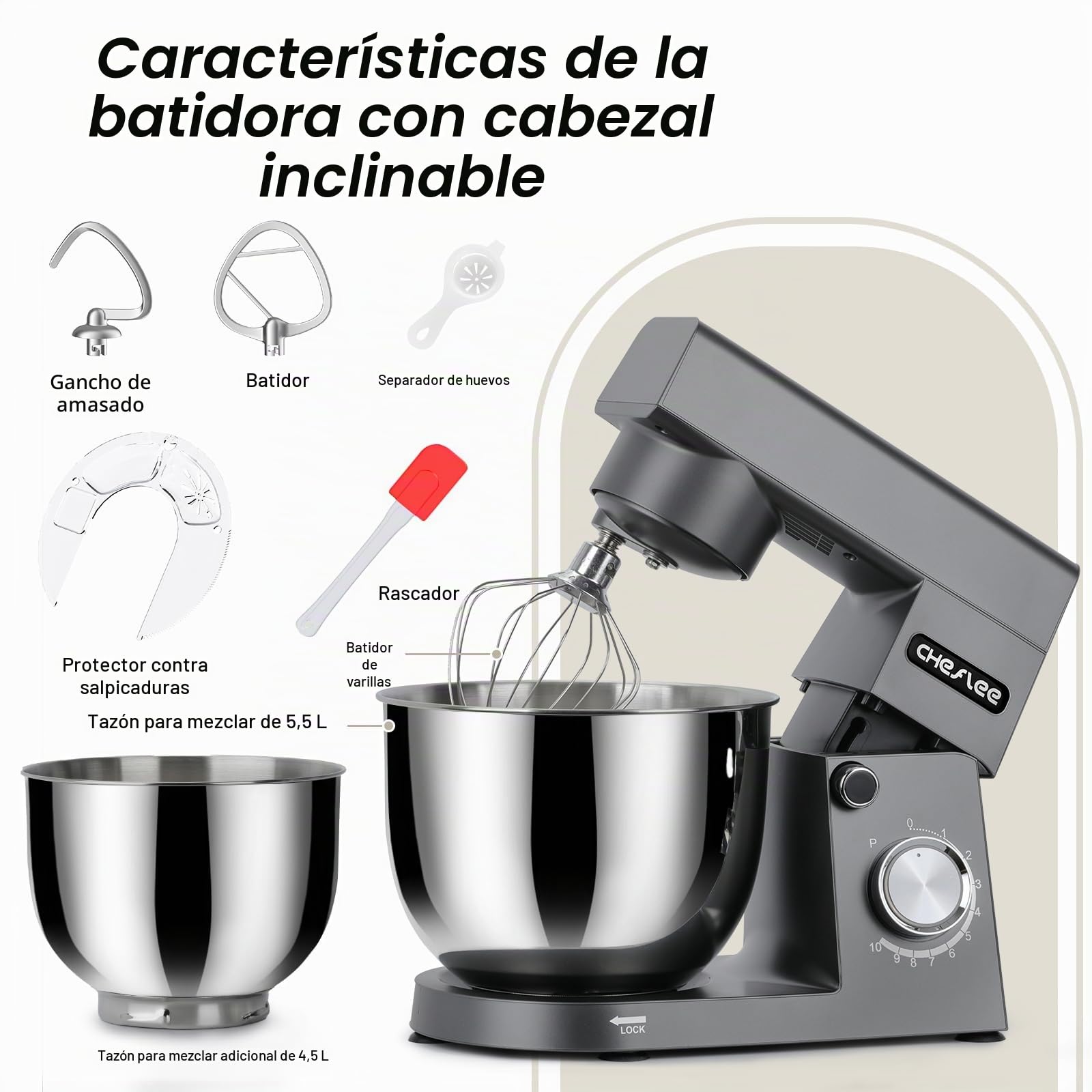 Amasadora CHeflee 1500W Batidora Amasadora,10 Velocidades,3 Funciones,Batidora Planetaria de 360 ​​Grados,con Cuencos de Acero inoxidable de 4,5 L y 5,5 L y Accesorios Para Mezclar y Amasar
