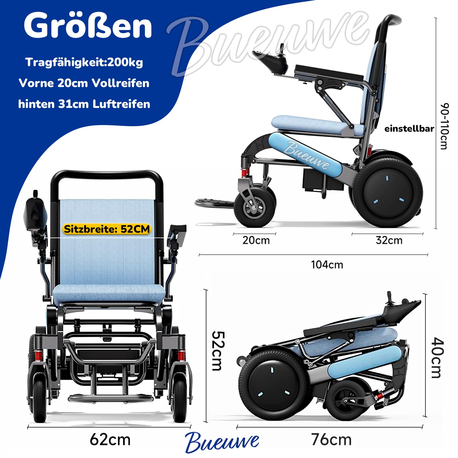 Elektryczny wózek inwalidzki, składany, lekki, szerokość siedziska 52 cm, nośność 200 kg, zasięg 25 km ~ 35 km, elektryczny wózek inwalidzki, przenośny, dla dorosłych i seniorów, elektryczny