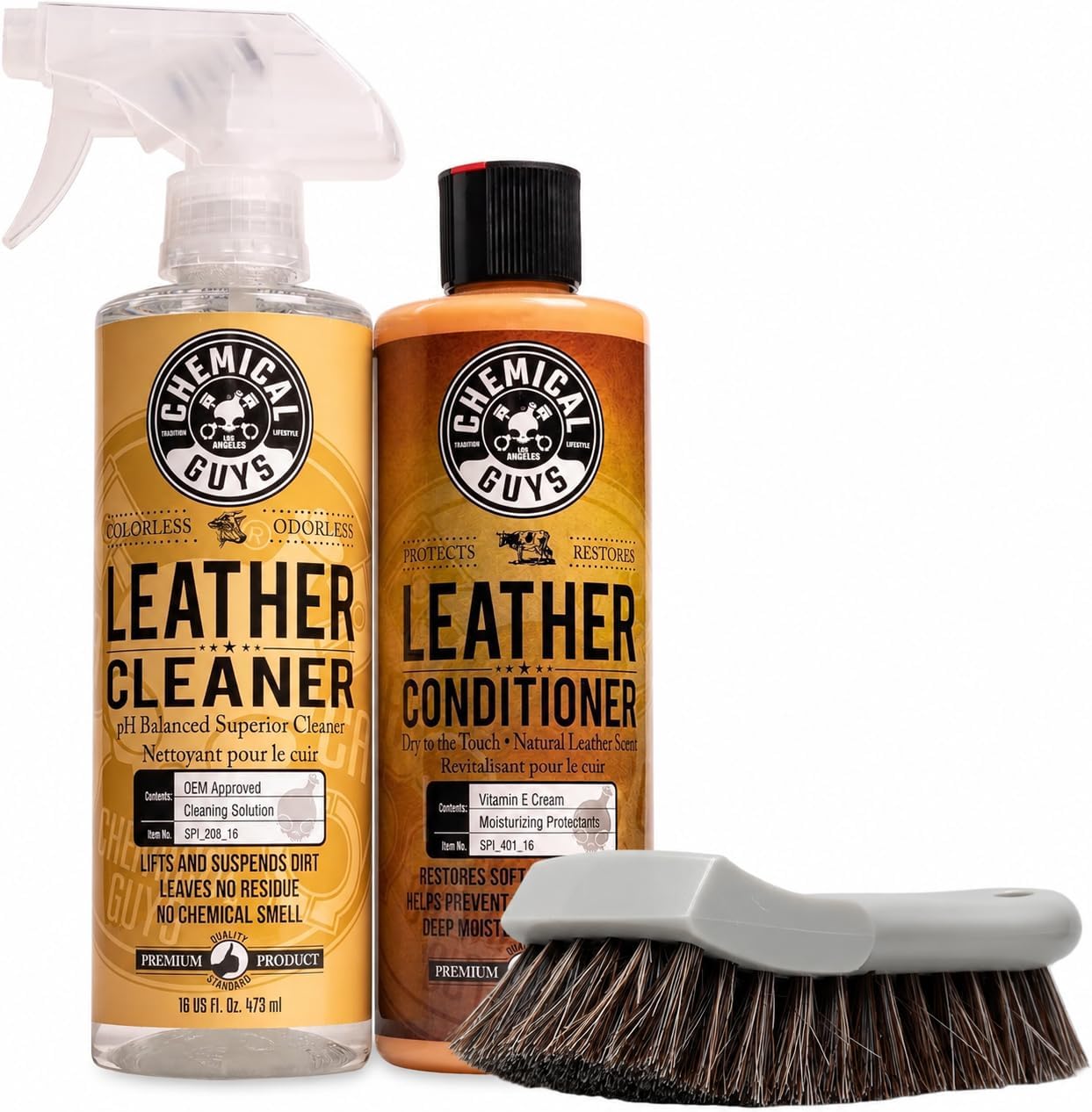 SPI410 Leather Cleaner and Conditioner Bundle with ACC_S95 Long Bristle Horse Hair Leather Cleaning Brush, Safe for Car, Home, Office, & More (3 Item Bundle with 2-16 fl oz Bottles)