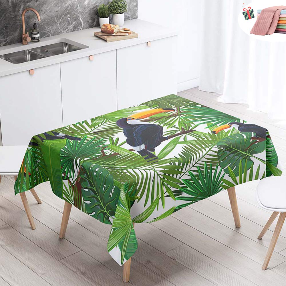 Morbuy Green Tropical Waterproof Table Cloths Rectangle, Stain-Resistant Tablecloth Easy Wipe Square Toucan Print Oil-Proof Table Cover For Home Kitchen Dining Garden Party Decorative (,100X140cm)