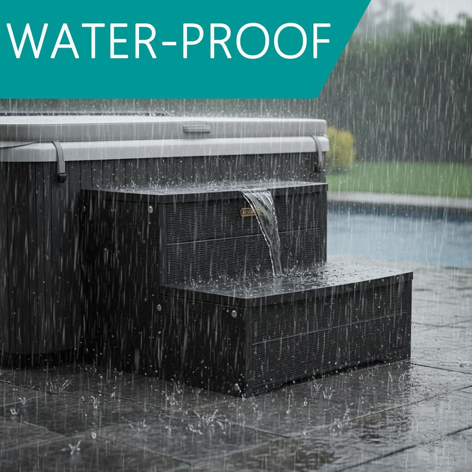 18'' Hot Tub Steps, Waterproof Hot Tub Stairs, Wood Looking HDPS Heavy Duty Outdoor Spa Steps, Non Slip Multi-Use Porch Step, Black, Weight Capacity 600LBS