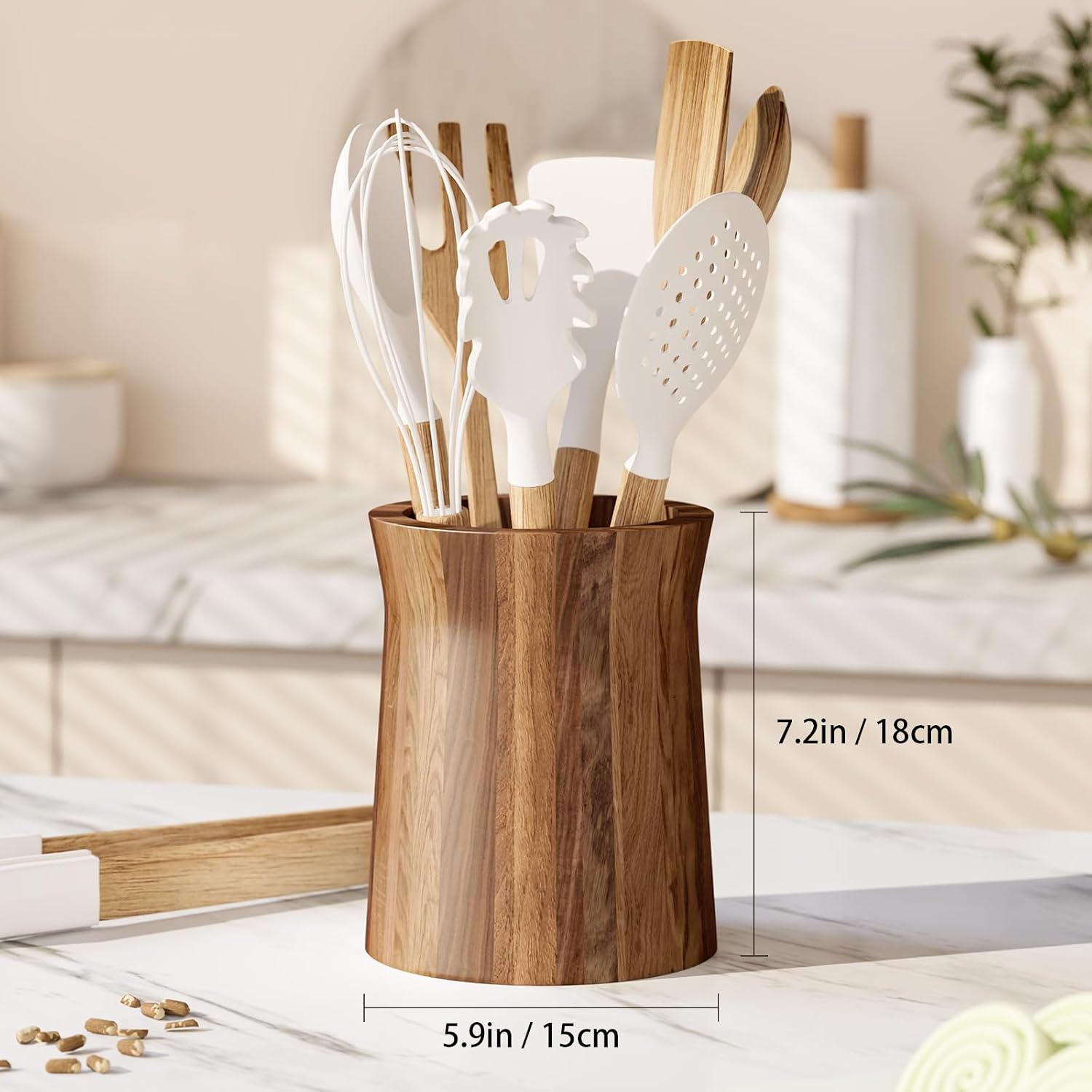 7.2" Utensil Holder for Kitchen Counter Large Round Utensils Holder with Wooden Base Matte Black Cooking Utensil Holder，Kitchen Countertop Utensil Organizer (Wooden)