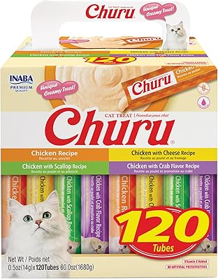 INABA Churu Cat Treats, Lickable, Squeezable Creamy Pur&eacute;e with Vitamin E, 0.5 Ounces per Tube, 120 Tubes Total, Chicken Variety