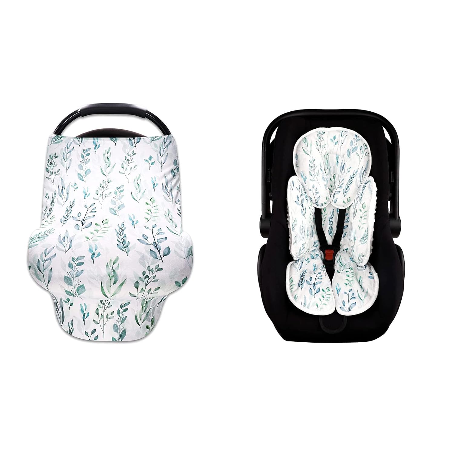 Baby Car Seat Cover and Baby Car Seat Head and Body Support, Green Leaf