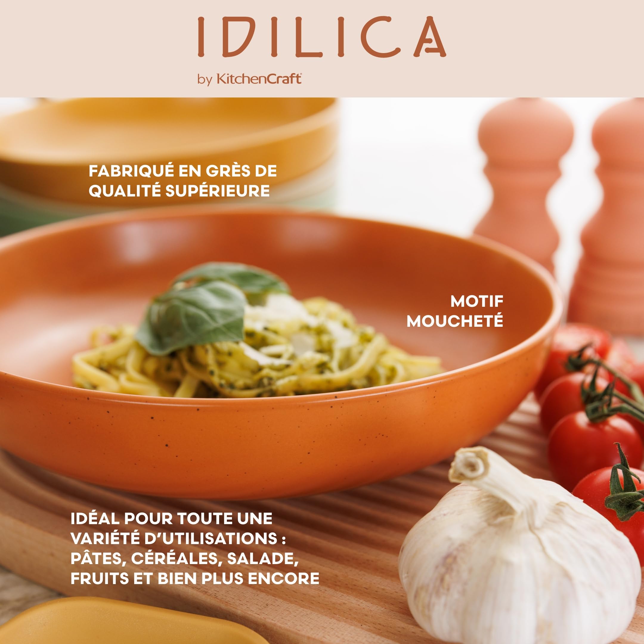 KitchenCraft Idilica Stoneware Pasta Bowls, lot de 4 bols en céramique peu profonds, résistants au micro-ondes et au lave-vaisselle, couleurs assorties