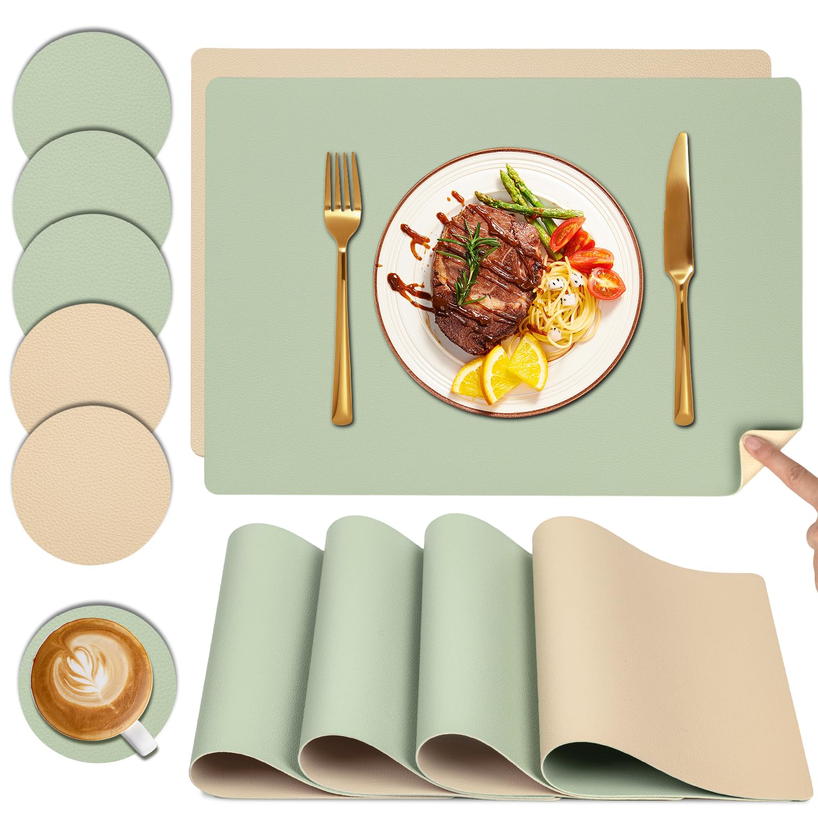 YIHELU Tischsets Abwaschbar und Untersetzer 6er Set, Platzsets Abwaschbar Doppelseitigen Kunstleder rutschfest & Einfache Reinigung, Platzdeckchen für Esszimmer