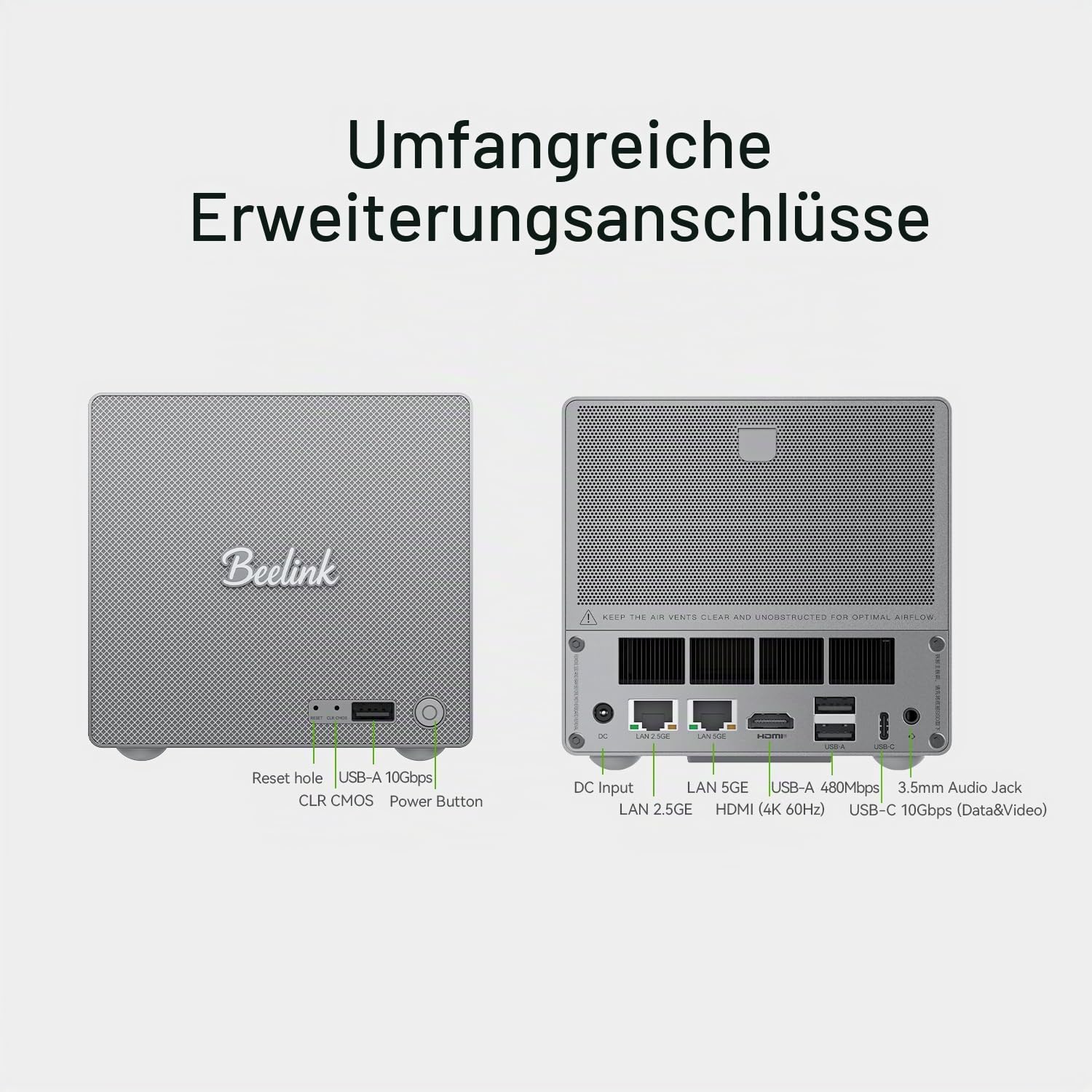 Beelink Mini-PC, ME Pro 2-Bay-NAS mit Intel N150, 16 GB LPDDR5, 1 TB SSD, 5G+2,5G Dual-LAN, WiFi 6/BT 5.4, Mini-Computer für Private Cloud, Soft-Router, bis zu 72 TB Speicherplatz für das Homeoffice