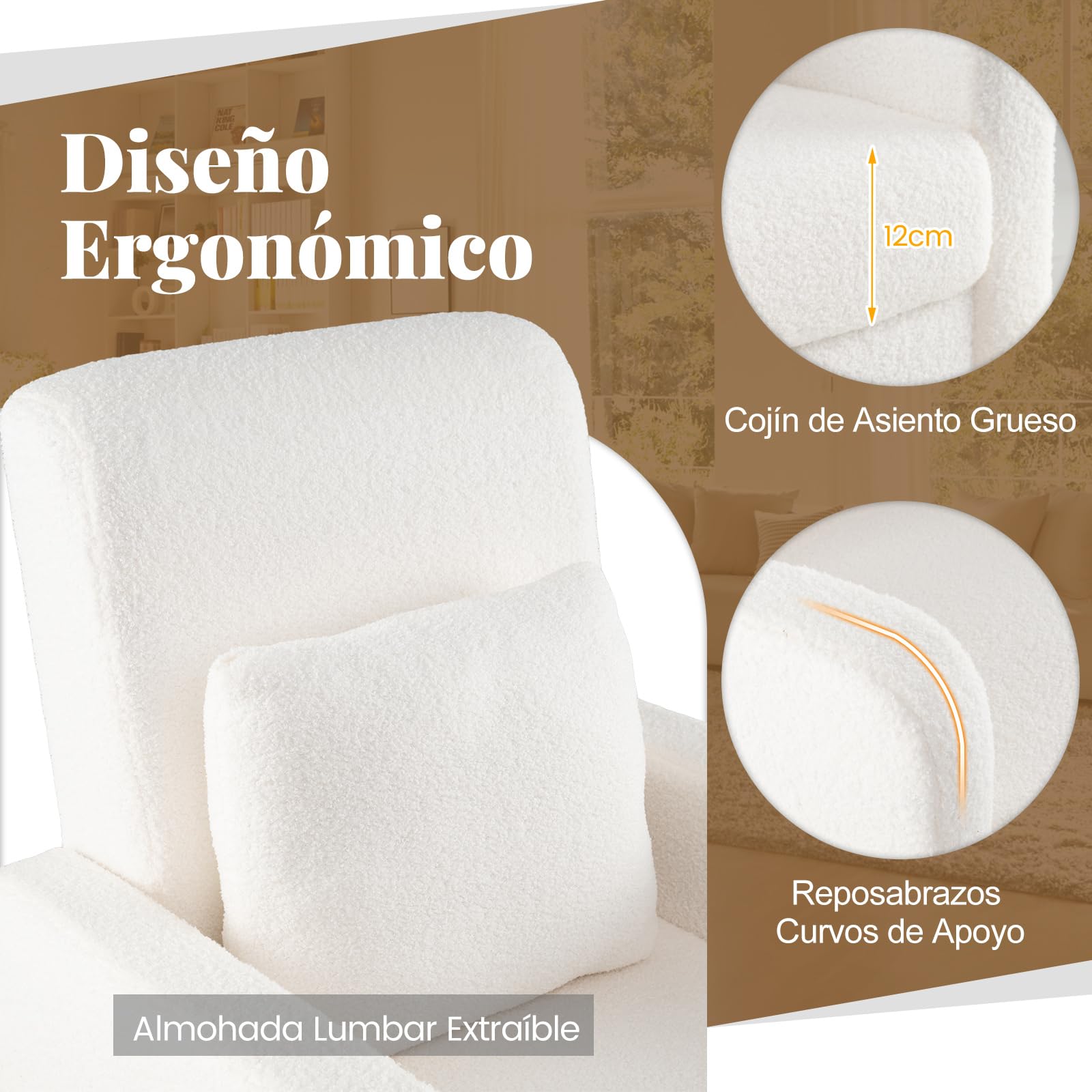 COSTWAY Sillón Relax Moderno Tapizado Felpa de Peluche, Butacas de Salón 76 x 69 x 92 cm con Reposabrazos, Cojín Lumbar, Sillón Lectura Cómodo con Cojín Grueso para Dormitorio, Balcón, Blanco