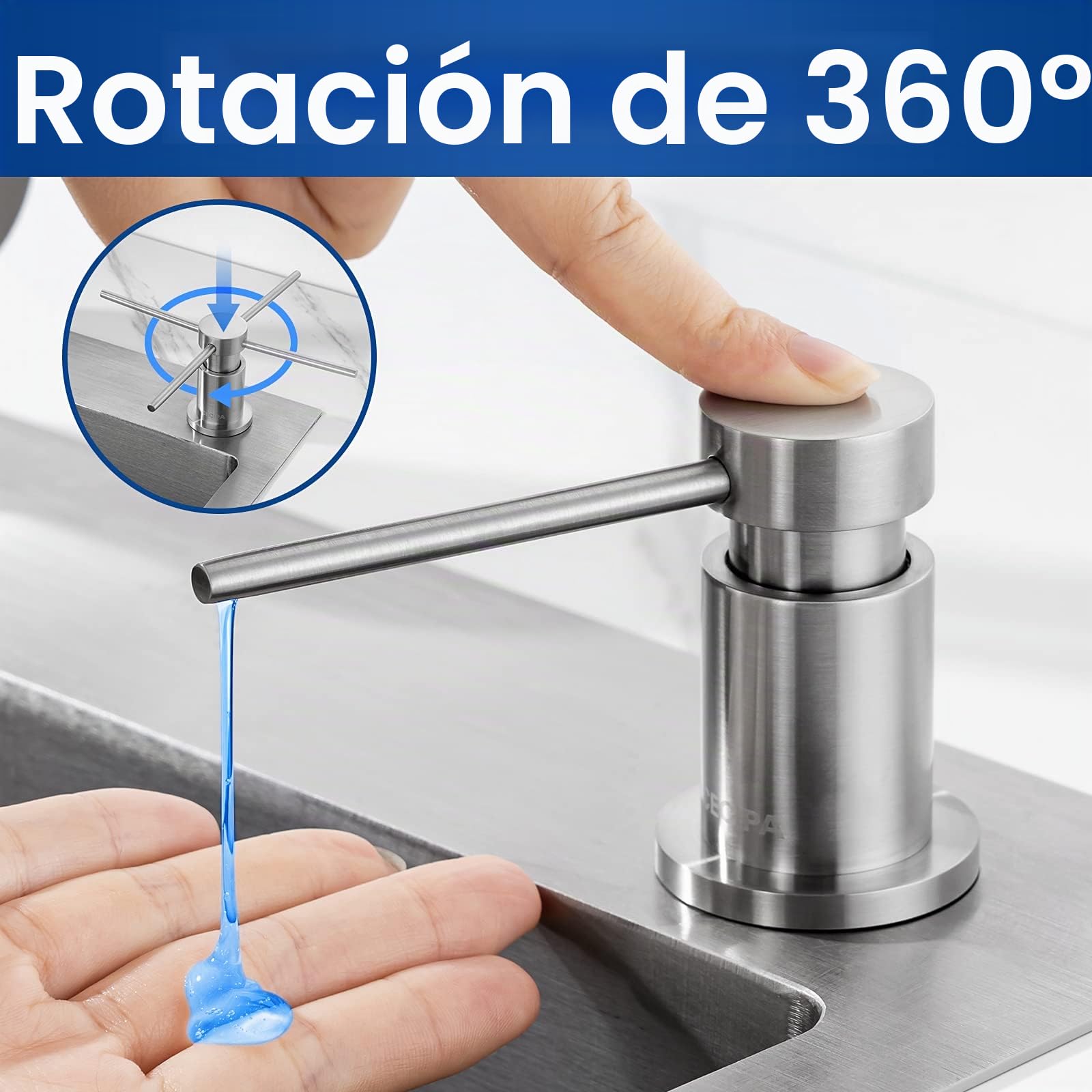 CEICPA,Dispensador de jabón para Cocina, dispensador de jabón para Fregadero con Botella de 500 ml y Manguera de extensión de 1.2 m, Bomba giratoria de 360°, Cepillado