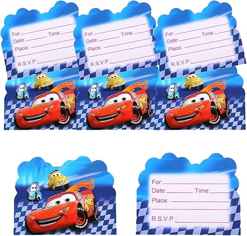 ALLPICK 20 tarjetas de invitación para fiestas de cumpleaños de Cars Lightning McQueen, con temática de autos de carreras, tarjetas de felicitación