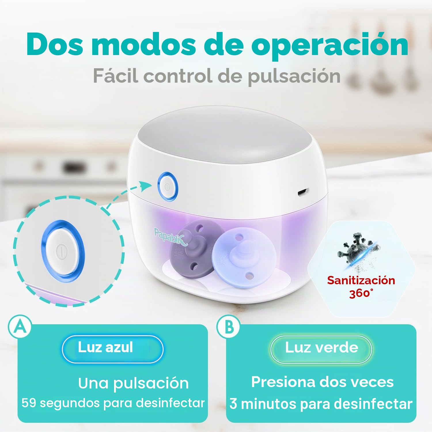 Esterilizador portátil de luz UV Papablic, mini caja desinfectante UV-C para chupete y más, esterilización del 99,99% en 59 segundos, recargable por USB