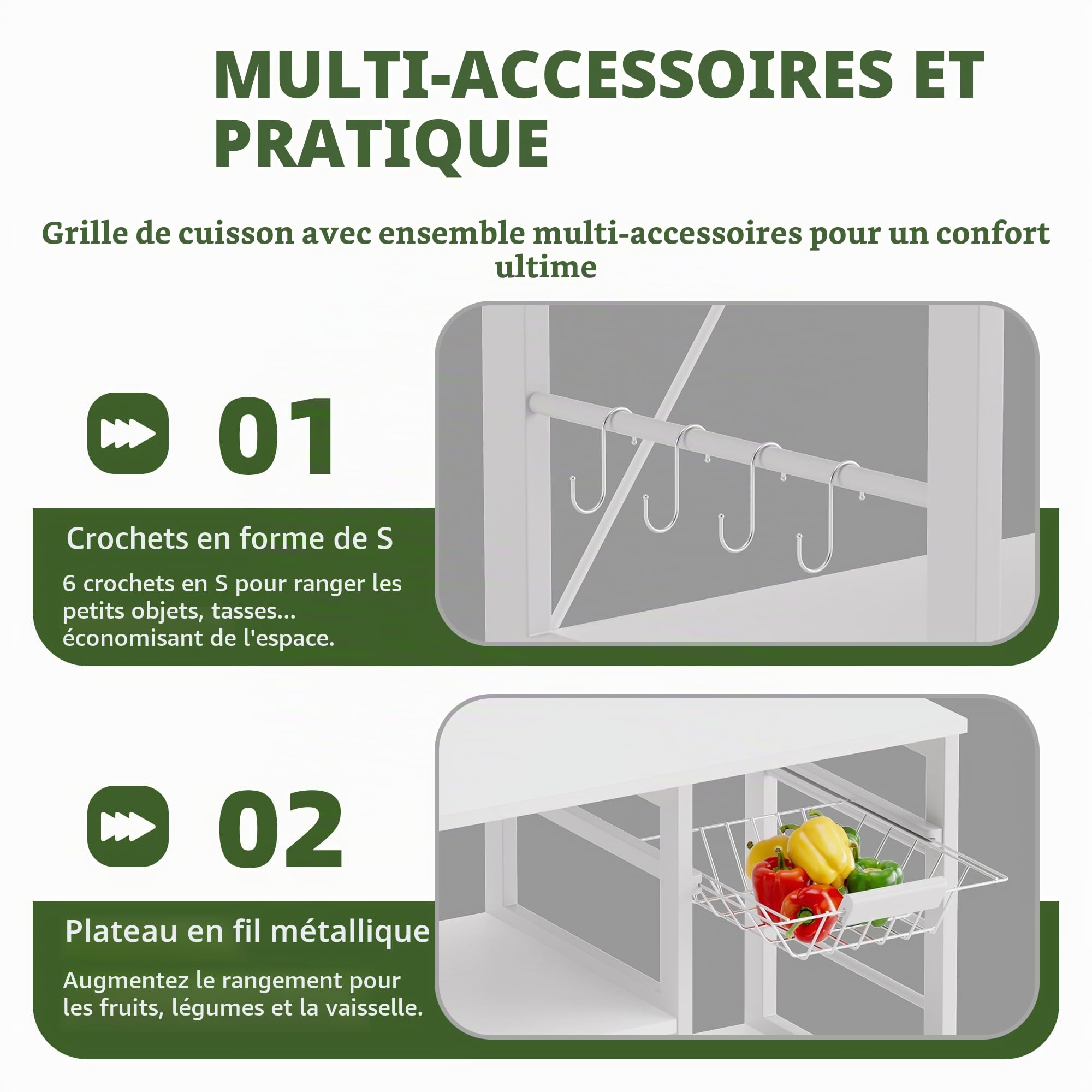 Étagère de cuisine pour boulanger, support de four à micro-ondes avec cadre en bambou, bar à café avec panier en fil métallique et 6 crochets pour cuisine, salon, bureau (Blanc)