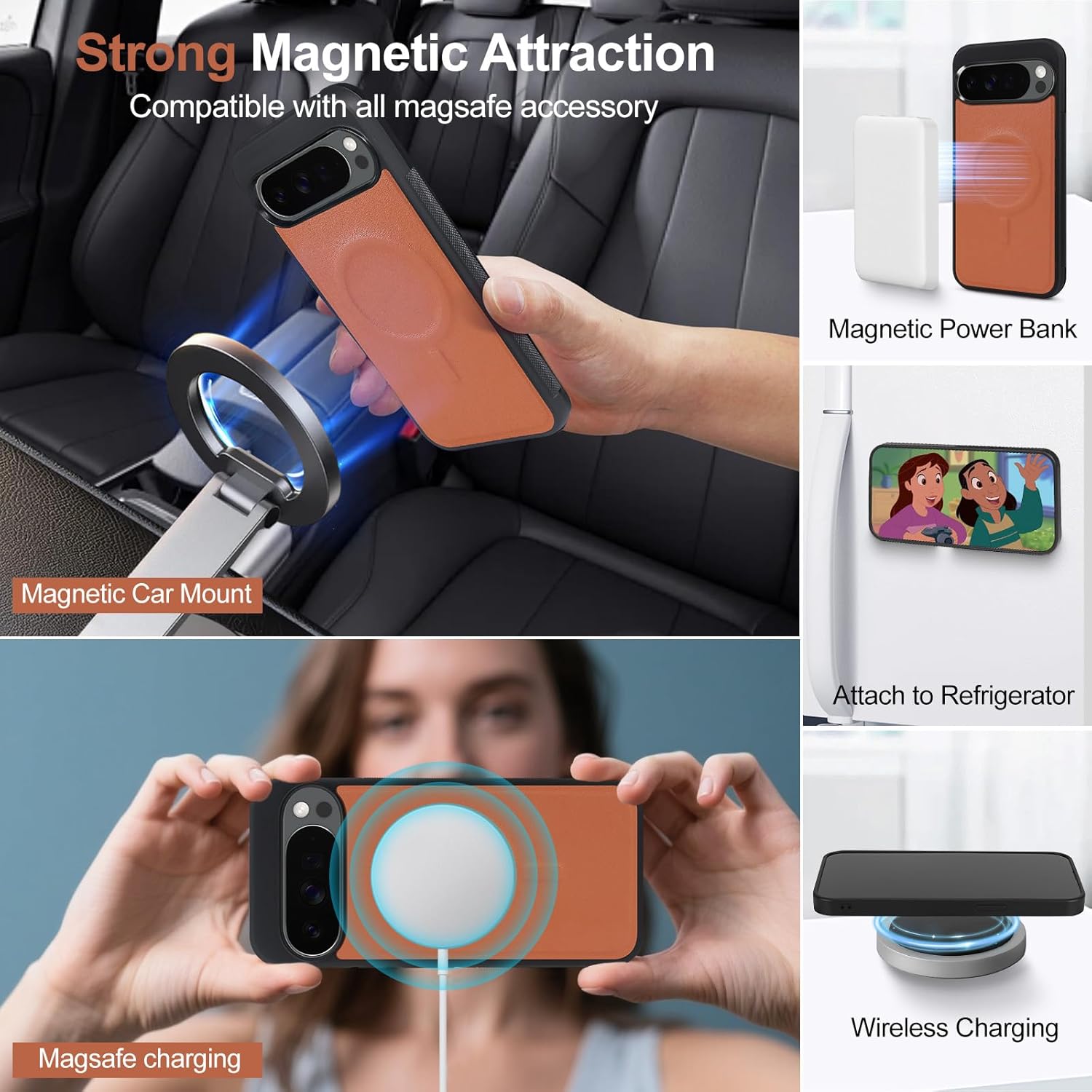 2 in 1 for Google Pixel 9/9 Pro / 10/10 Pro 6.3" Wallet Case Magnetic Compatible with Magsafe RFID Blocking Card Holder Detachable Phone Cover Zipper Purse Kickstand Wrist Strap for Men Brown