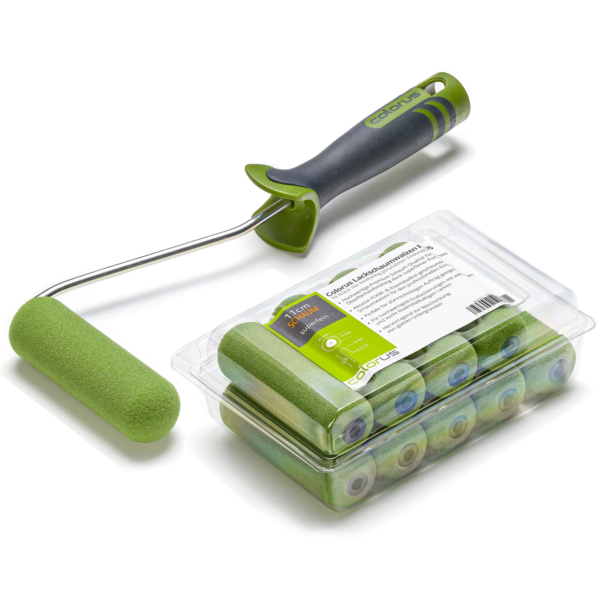 Colorus Lackierwalzen Set 10x Schaumstoff Lackierwalze 11 cm rund inkl. Farbwalzenbügel – Lackrolle für wasserbasierte & lösemittelhaltige Lacke – Türen, Möbel & Glatte Flächen