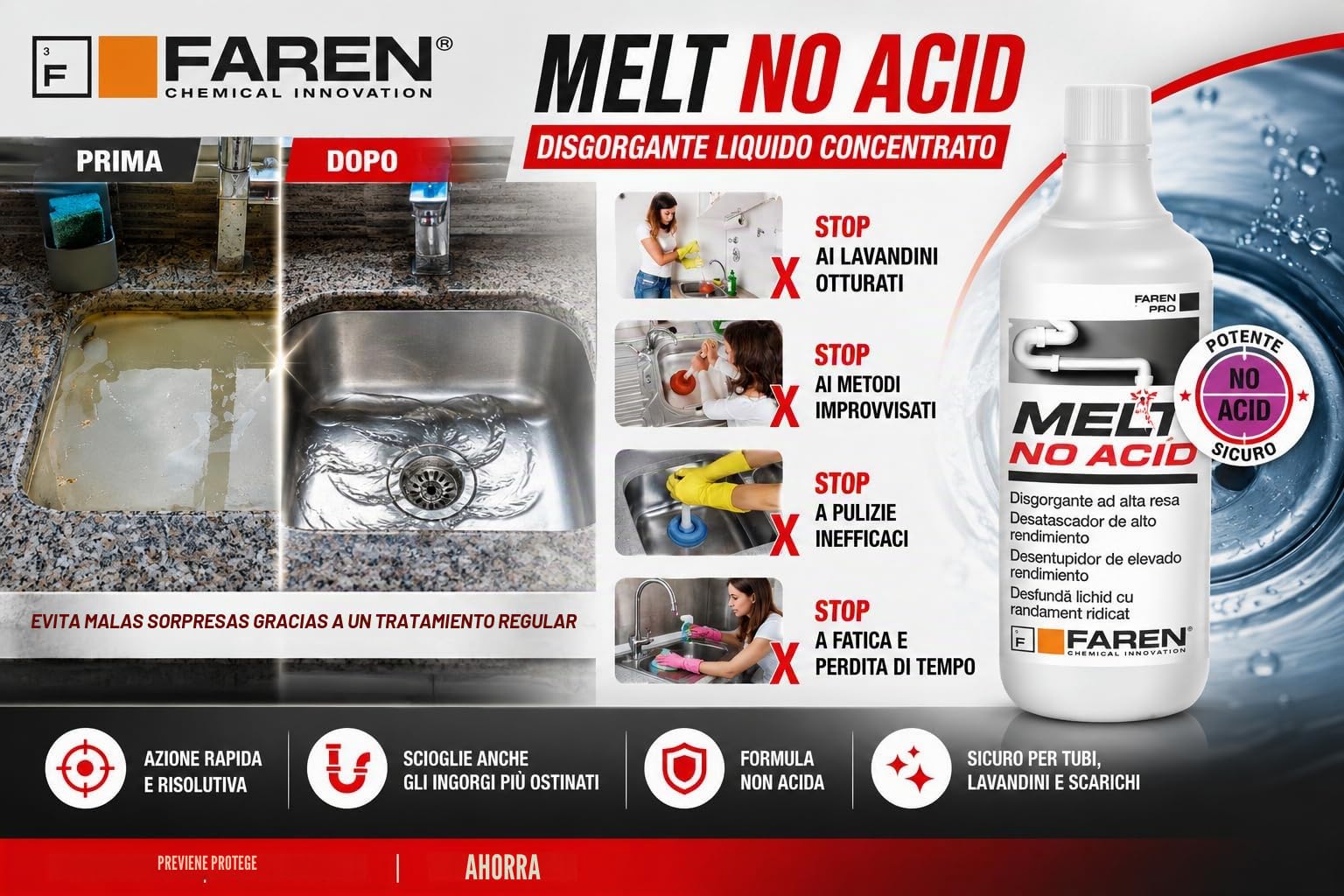 Faren Melt - Desatascador líquido concentrado, fórmula concentrada, no a base de ácido, fácil y rápido, seguro, 1 litro (12 unidades)