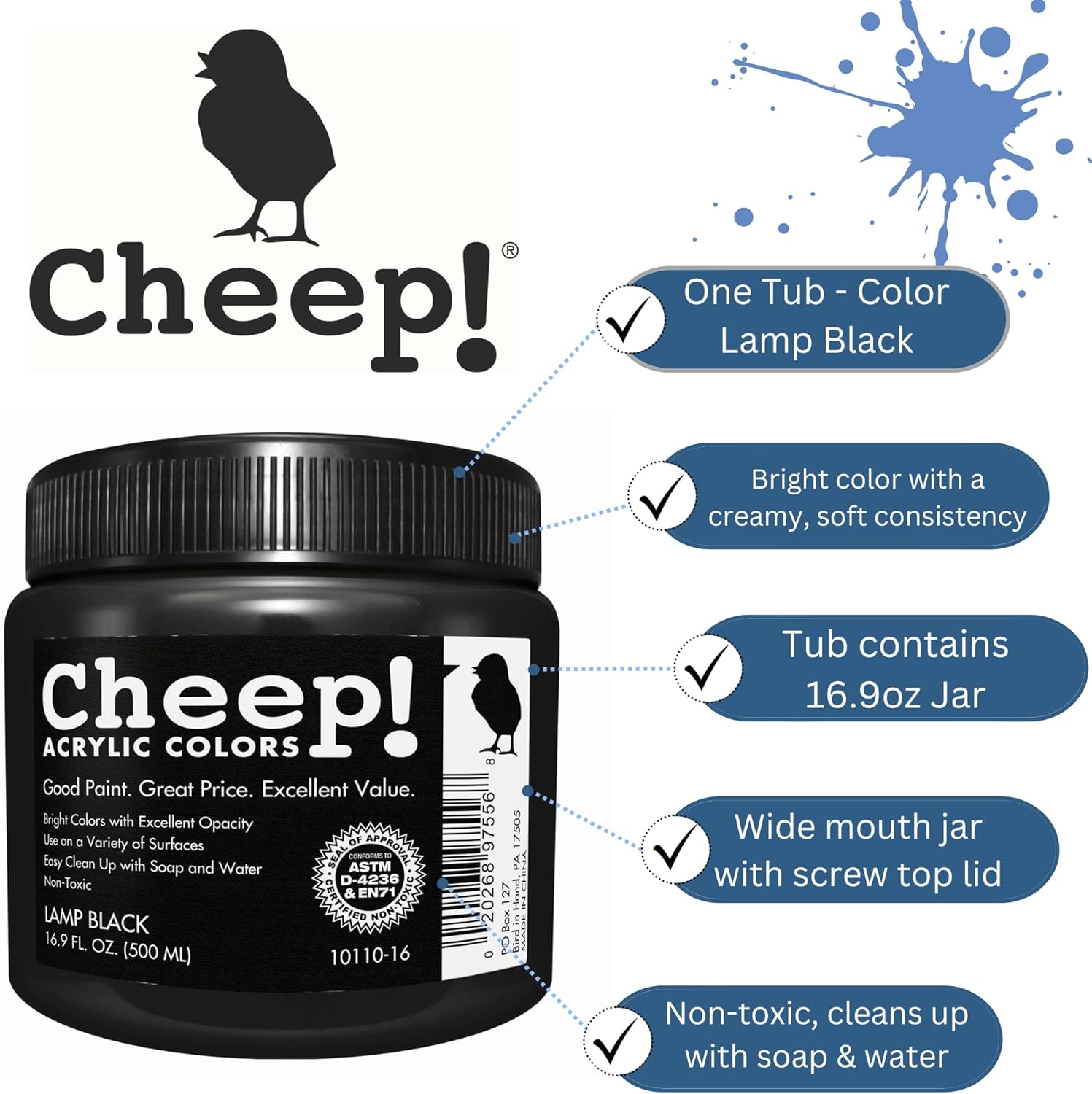 Cheep アクリルペイント 16.8オンス ジャーランプ ブラック