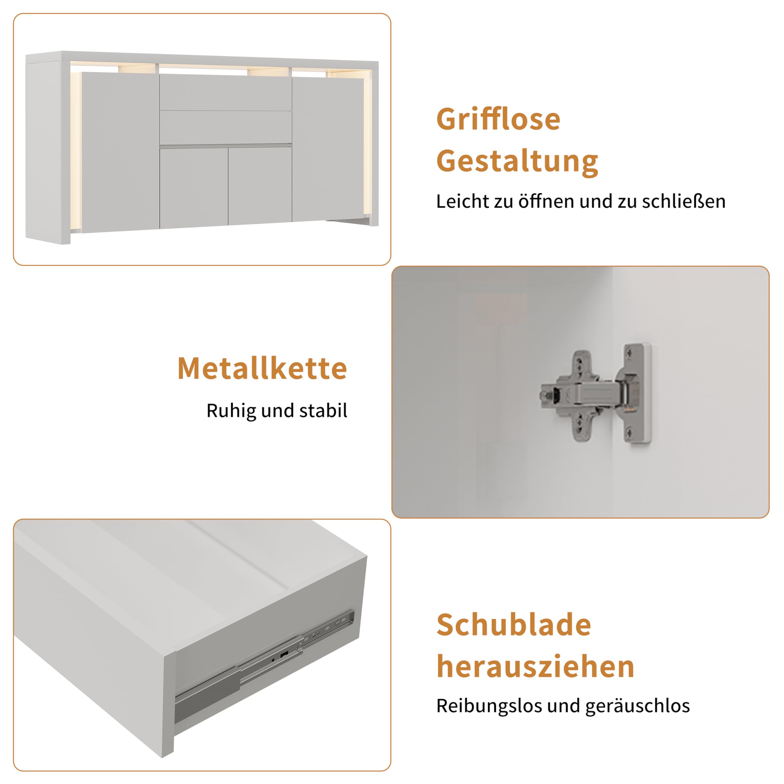 Sideboard mit 4 Türen und 2 Schubladen, Küchenschrank mit LED-Beleuchtung, Buffetschrank mit Stauraum für Küche und Esszimme, Kommode, TV-Schrank (Weiß, 160 x 76 x 35 cm)